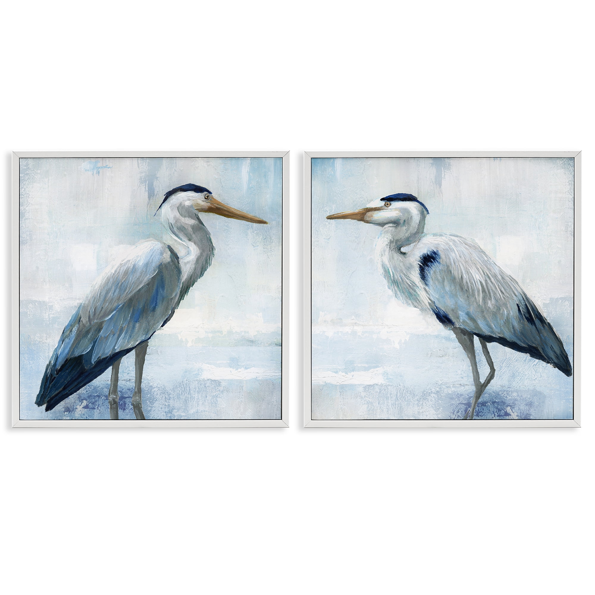 Stupell Industries Faded Blue Coastal Herons 2 Piece White Framed Giclee Art Set, design by Nan
