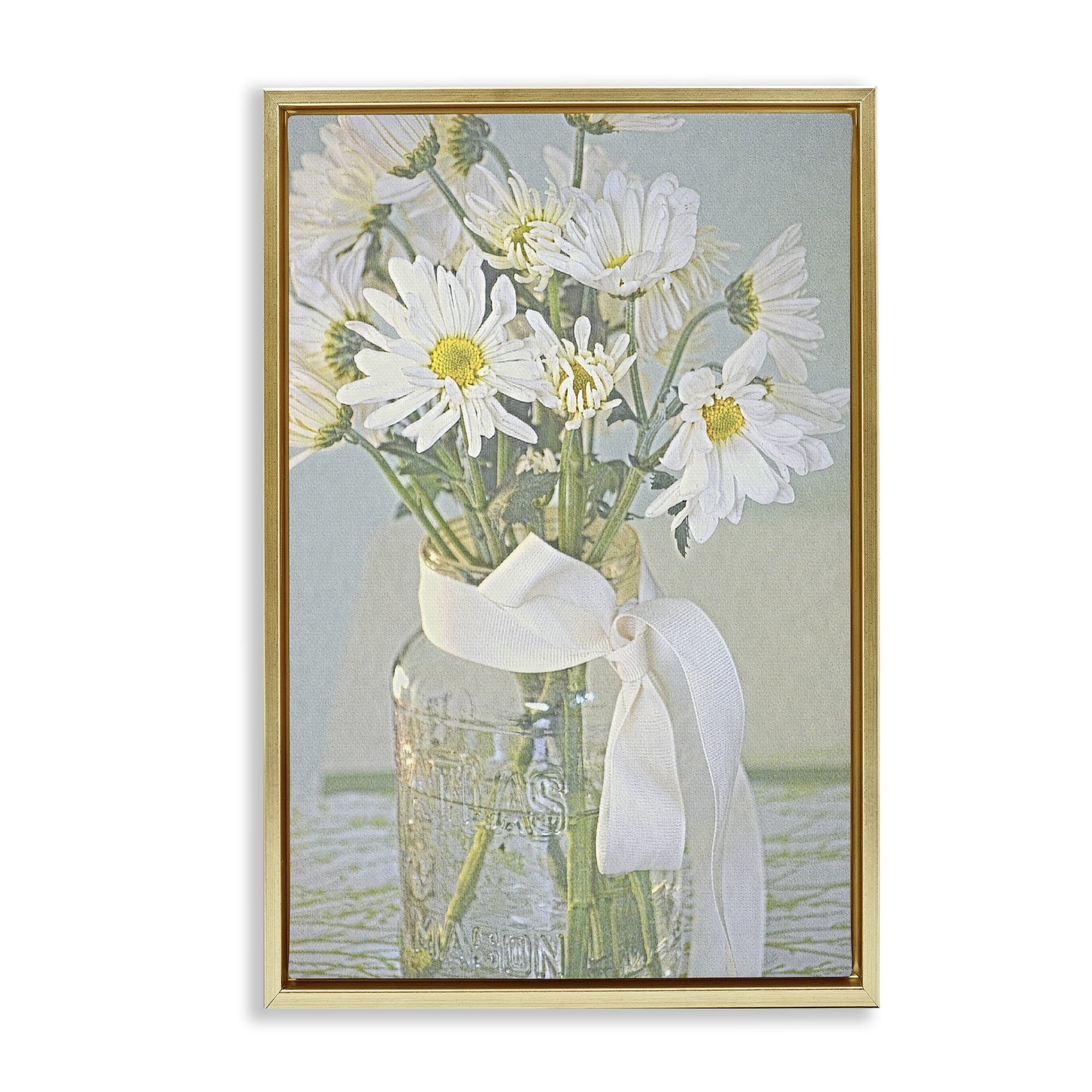 Stupell Industries Faded Daisies Jar Botanical & Floral Painting Gold Floater Framed Art Print Wall Art, 21 x 31