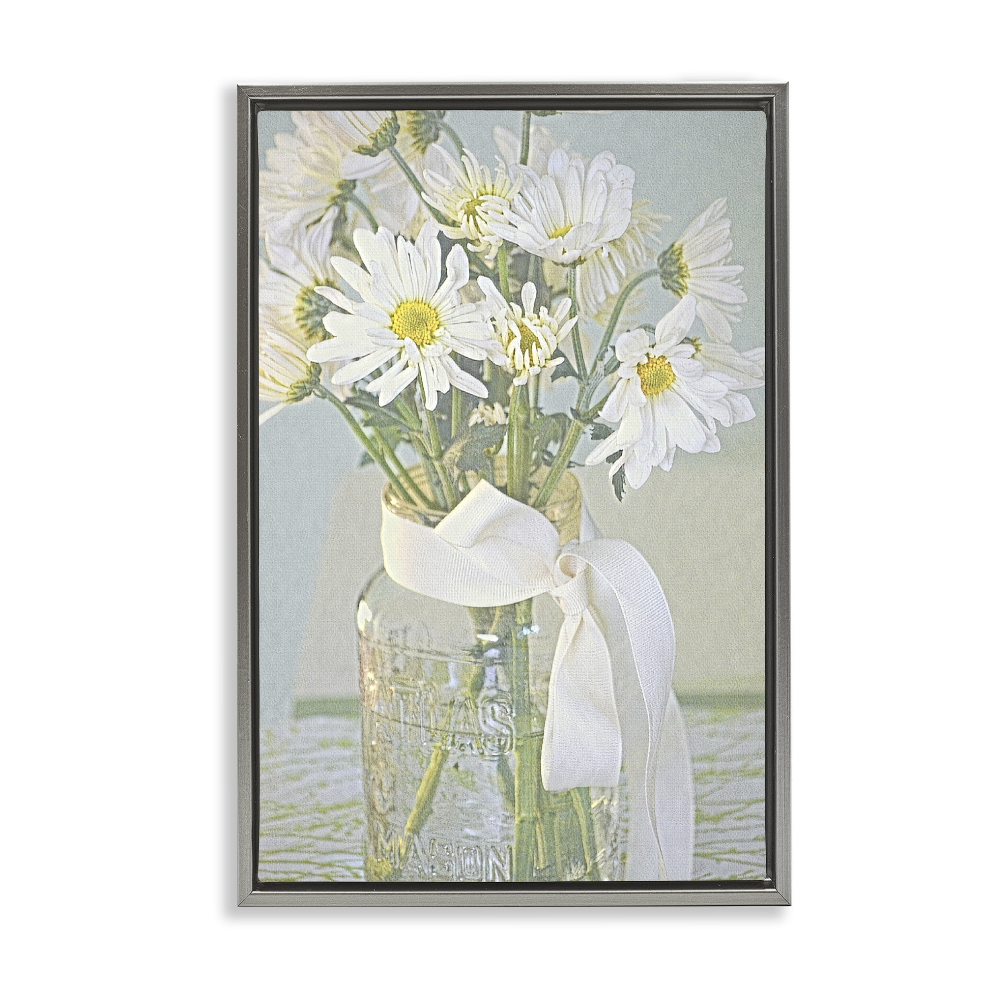 Stupell Industries Faded Daisies Jar Botanical & Floral Painting Gray Floater Framed Art Print Wall Art, 17 x 25