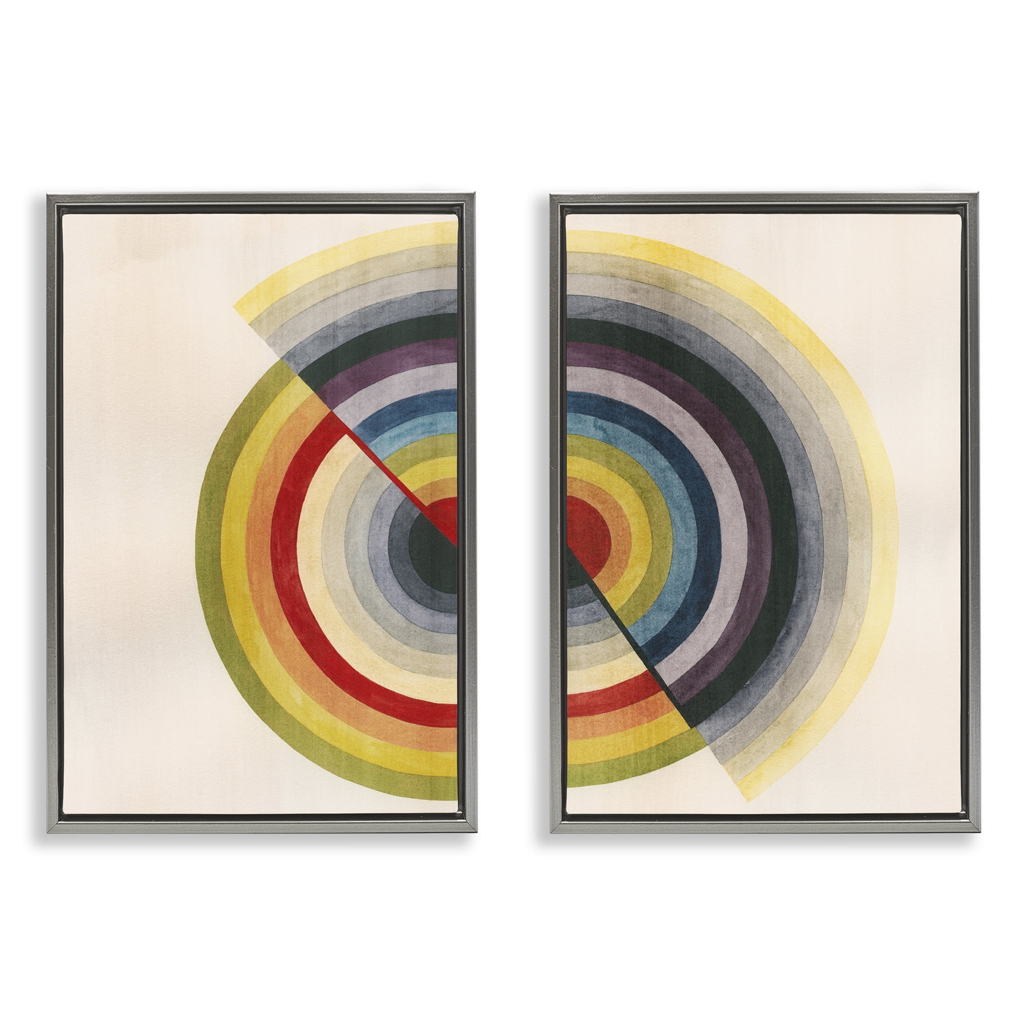 Stupell Industries Fading Round Split Circles Abstract Painting Gray Floater Framed Canvas Art Print Wall Art, 21 x 31, Set of 2