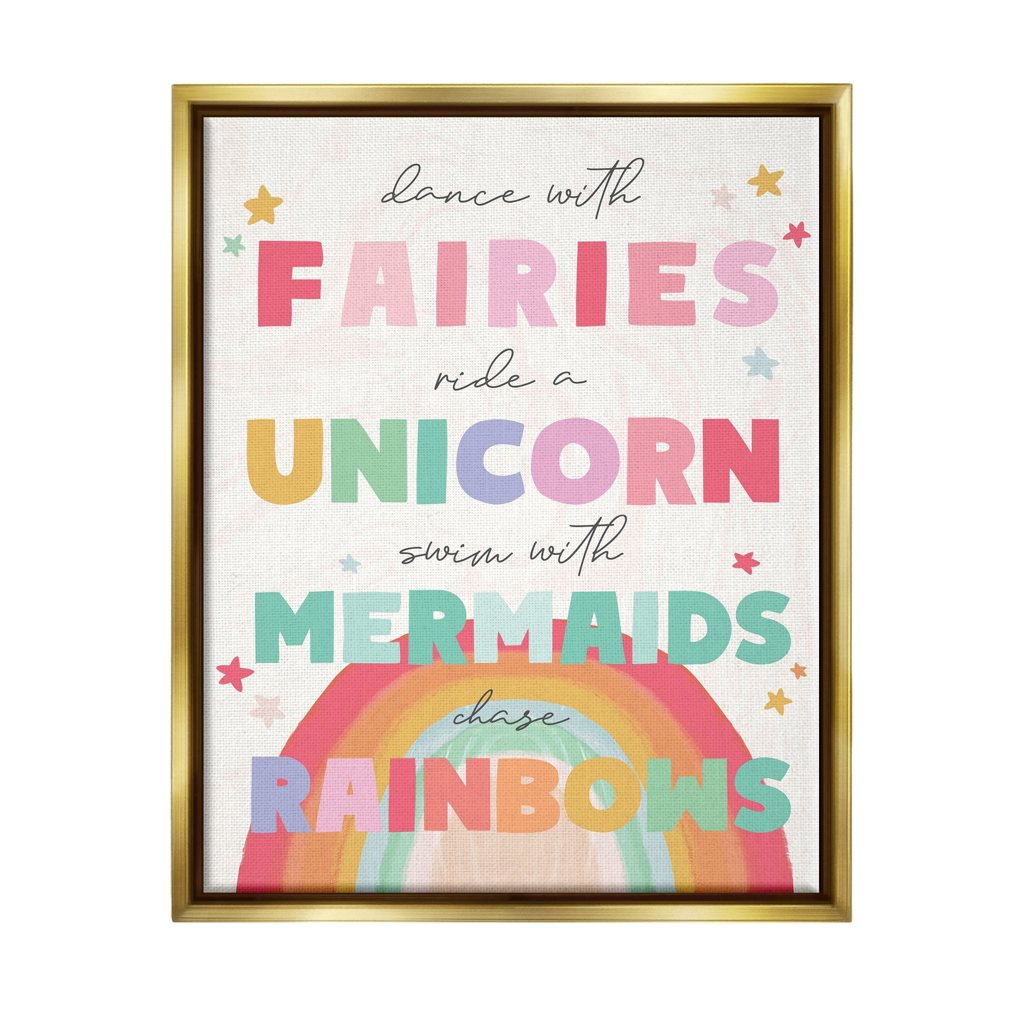 Stupell Industries Fairies Unicorns Mermaids and Rainbows Whimsical Design Metallic Gold Framed Floating Canvas Wall Art, 16x20, by Daphne Polselli