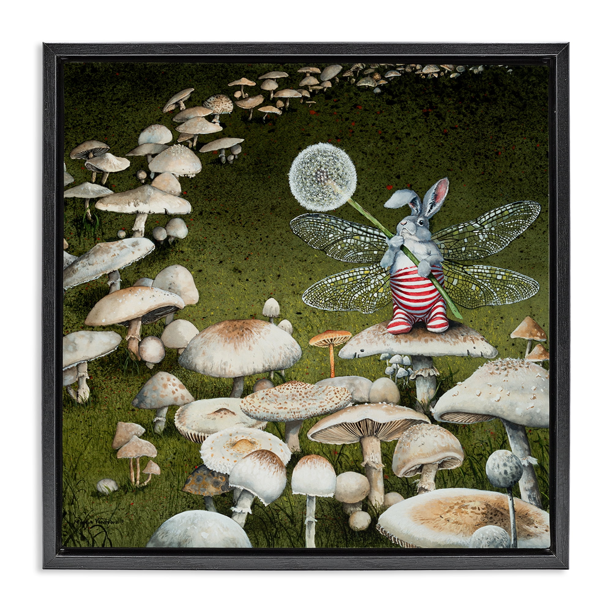 Stupell Industries Fairy Bunny on Mushroom Landscape Painting Black Floater Framed Art Print Wall Art, 18 x 18
