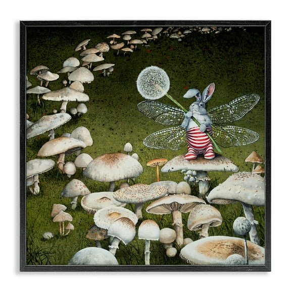 Stupell Industries Fairy Bunny on Mushroom Landscape Painting Black Framed Art Print Wall Art, 12 x 12