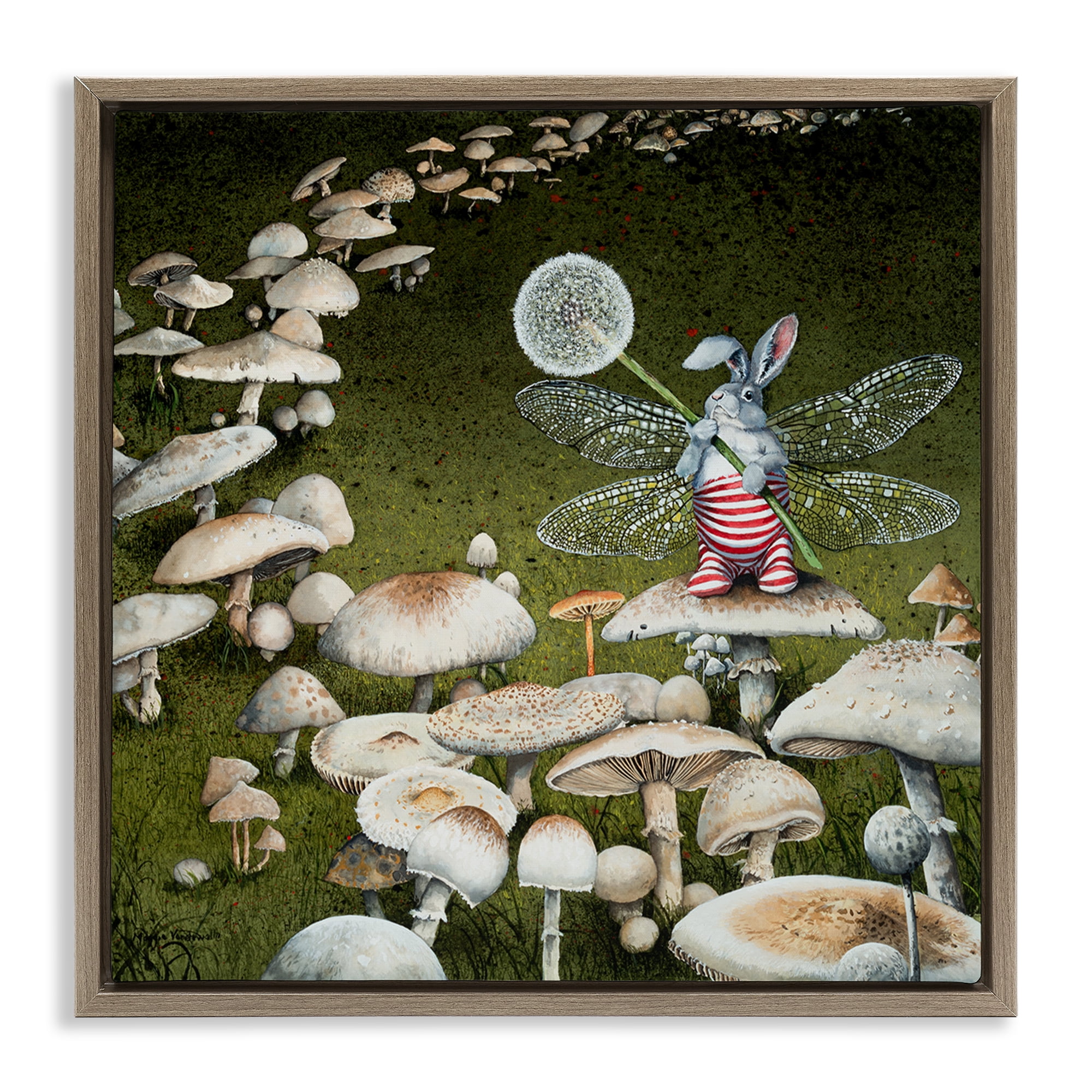 Stupell Industries Fairy Bunny on Mushroom Landscape Painting Brown Floater Framed Art Print Wall Art, 18 x 18