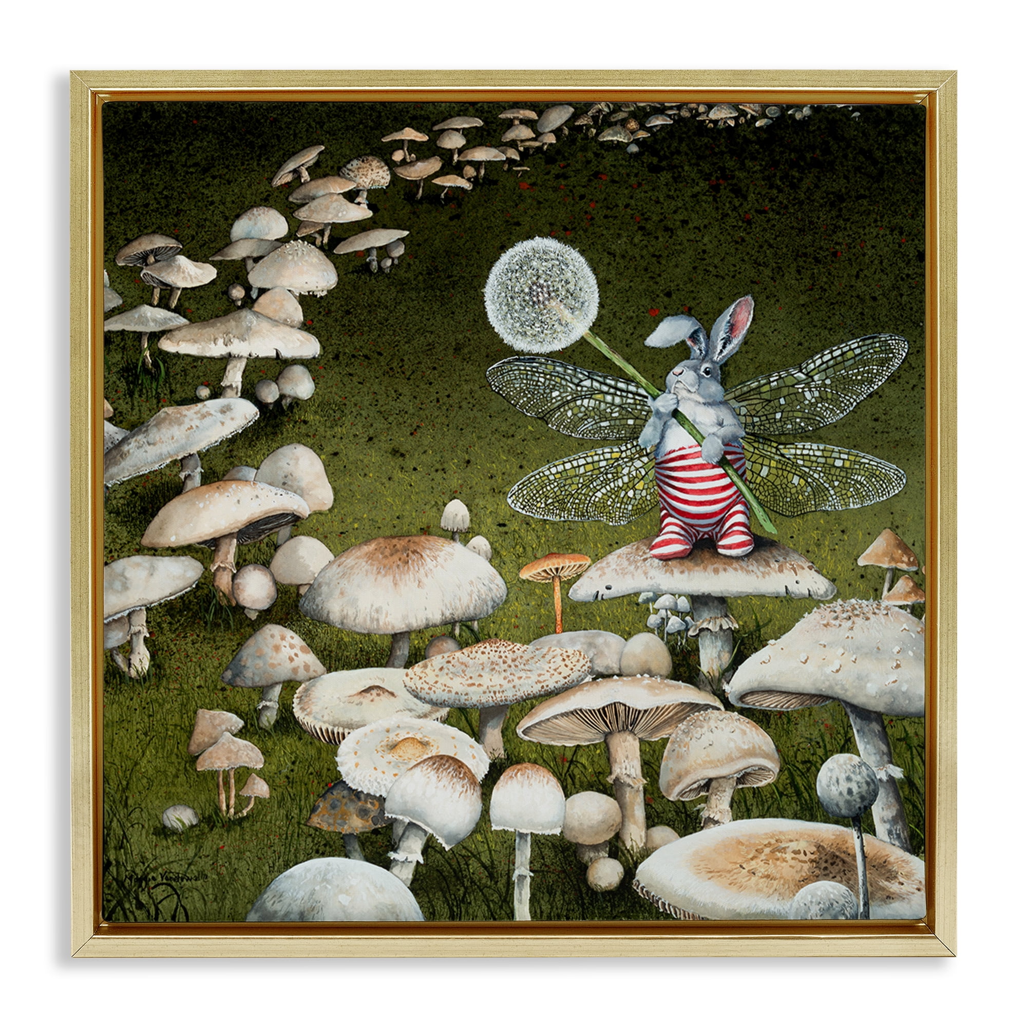 Stupell Industries Fairy Bunny on Mushroom Landscape Painting Gold Floater Framed Art Print Wall Art, 25 x 25