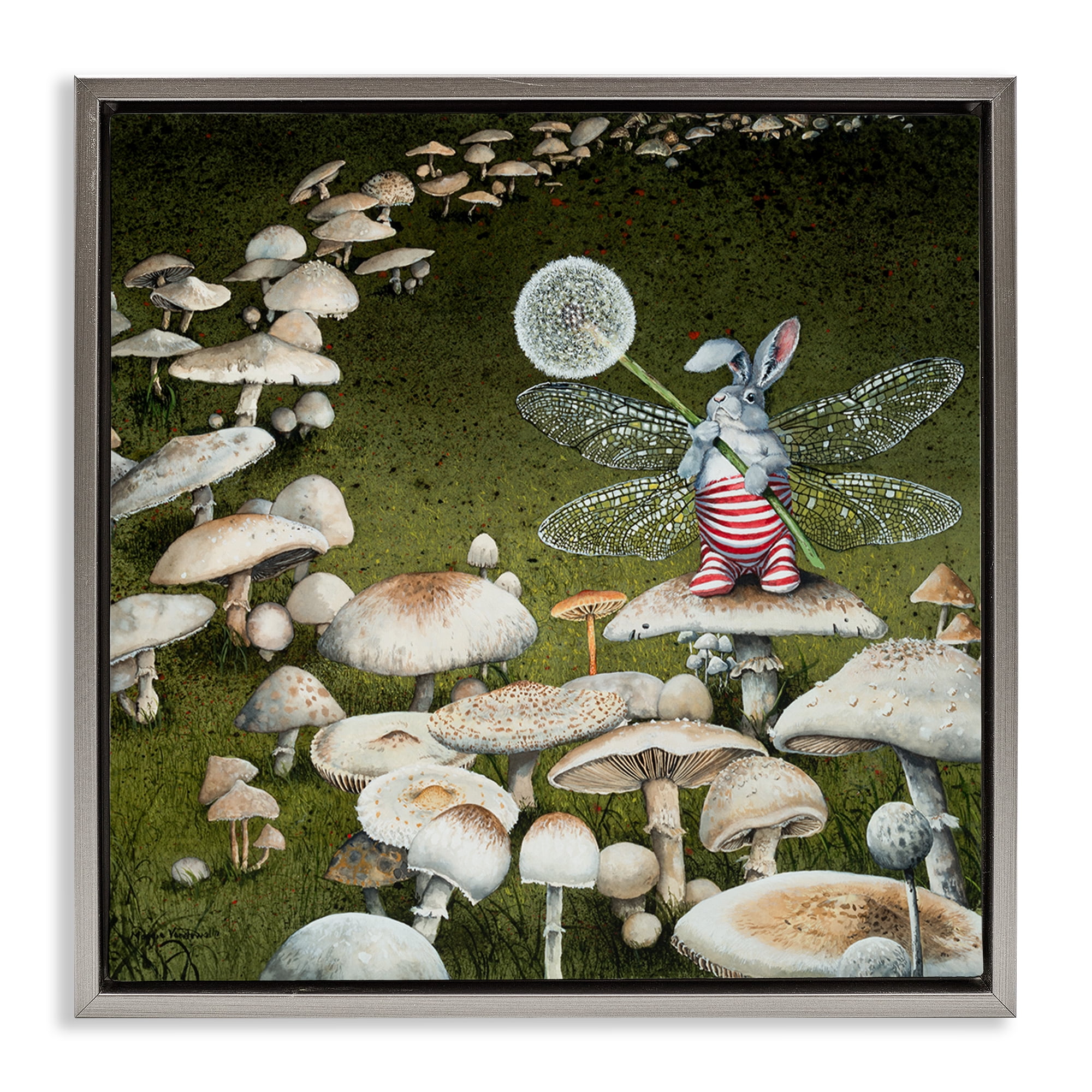 Stupell Industries Fairy Bunny on Mushroom Landscape Painting Gray Floater Framed Art Print Wall Art, 18 x 18