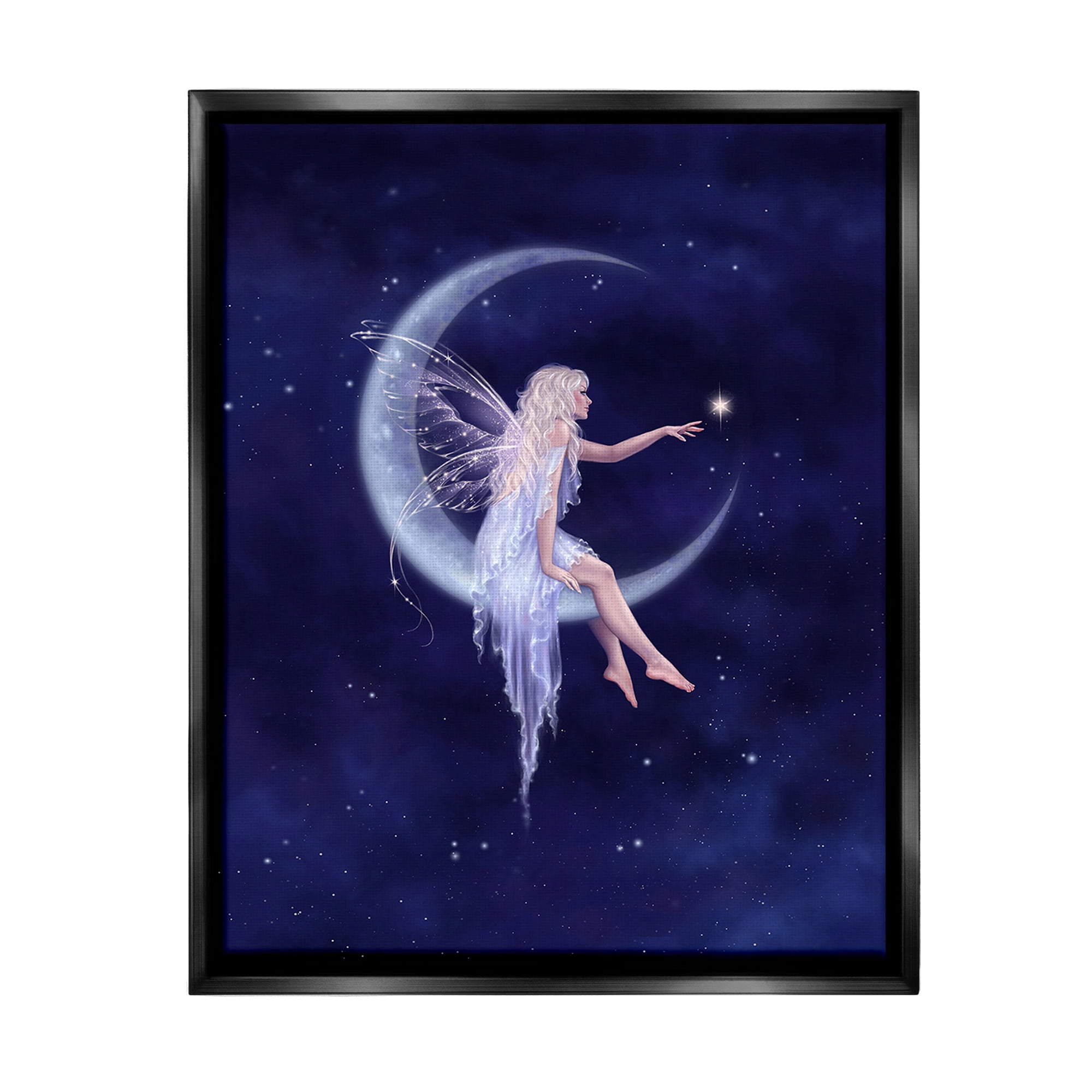Stupell Industries Fairy & Crescent Moon Fairy Tales & Fantasy Painting Black Floater Framed Canvas Art Print Wall Art, 17 x 21