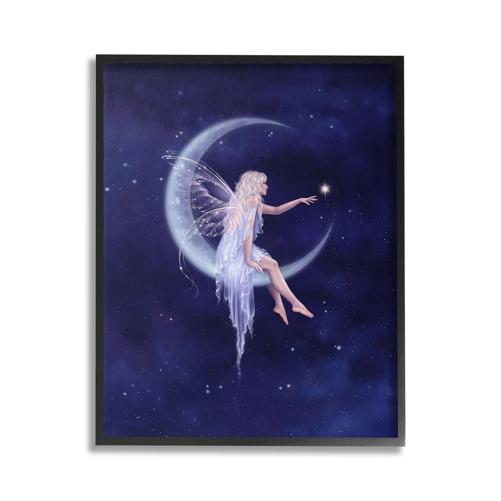 Stupell Industries Fairy & Crescent Moon Fairy Tales & Fantasy Painting Black Framed Art Print Wall Art, 16 x 20