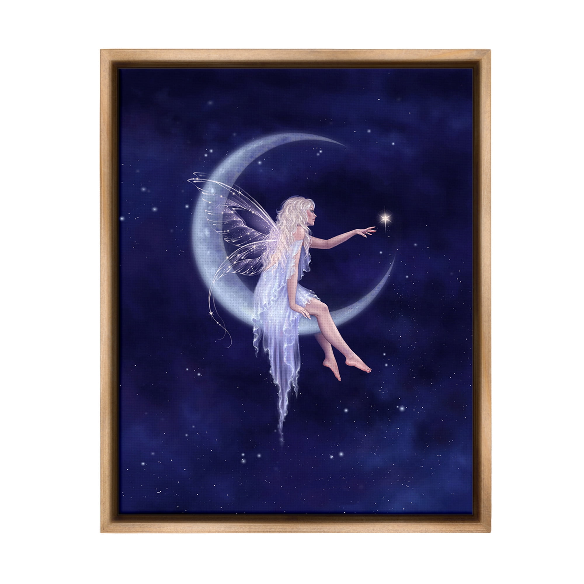 Stupell Industries Fairy & Crescent Moon Fairy Tales & Fantasy Painting Brown Floater Framed Canvas Art Print Wall Art, 17 x 21