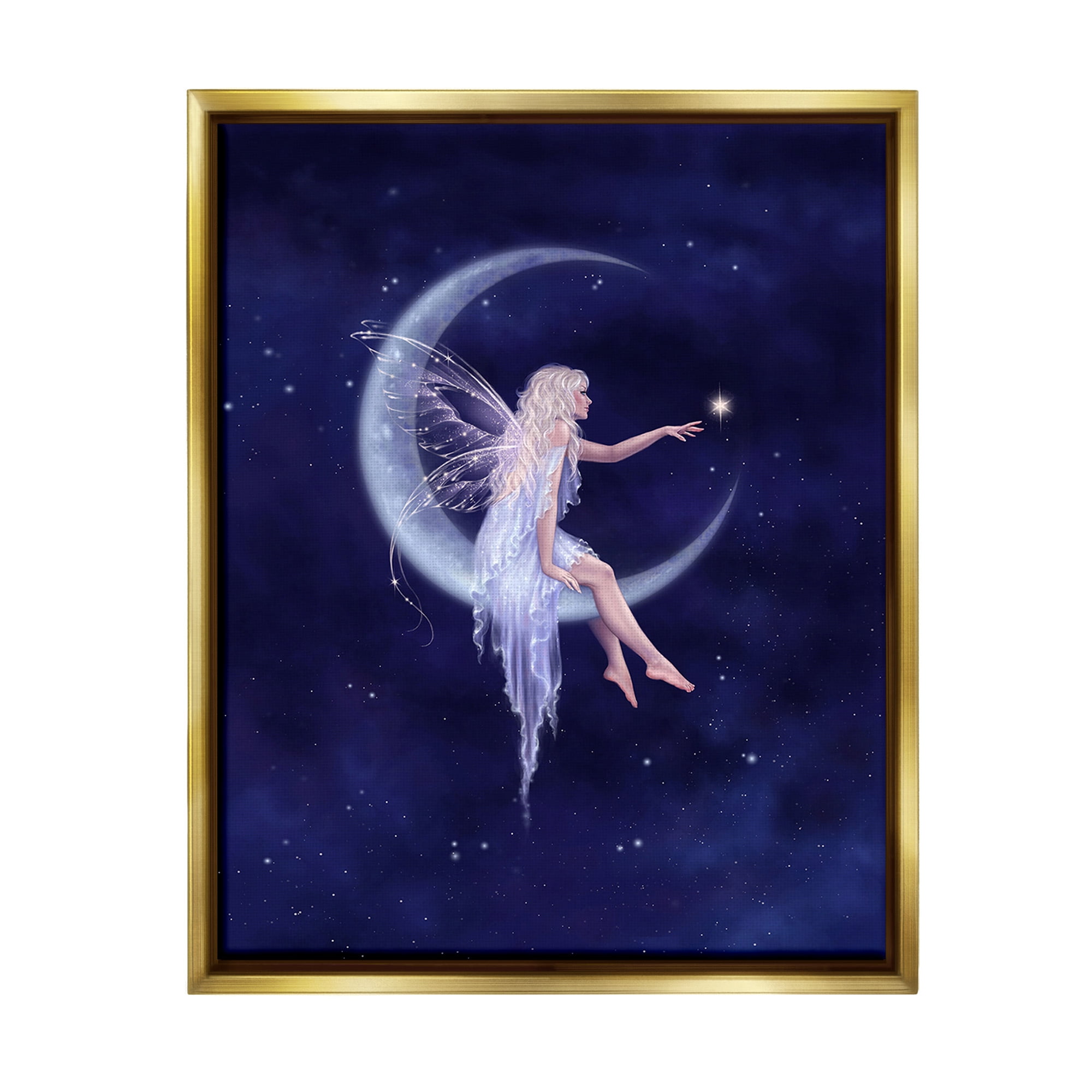 Stupell Industries Fairy & Crescent Moon Fairy Tales & Fantasy Painting Gold Floater Framed Canvas Art Print Wall Art, 17 x 21