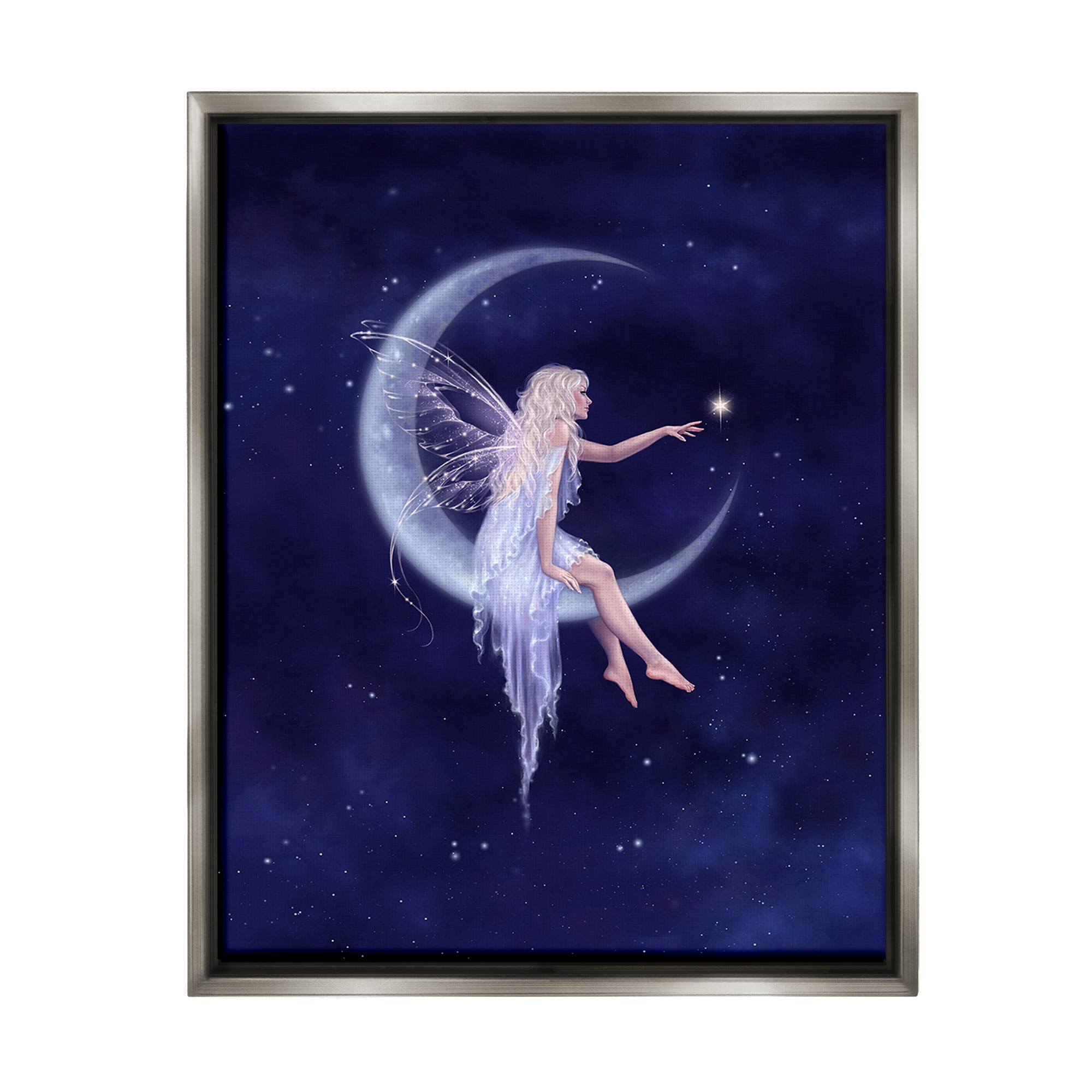 Stupell Industries Fairy & Crescent Moon Fairy Tales & Fantasy Painting Gray Floater Framed Canvas Art Print Wall Art, 17 x 21