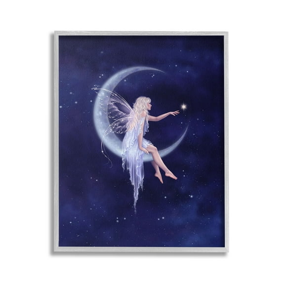 Stupell Industries Fairy & Crescent Moon Fairy Tales & Fantasy Painting Gray Framed Art Print Wall Art, 24 x 30