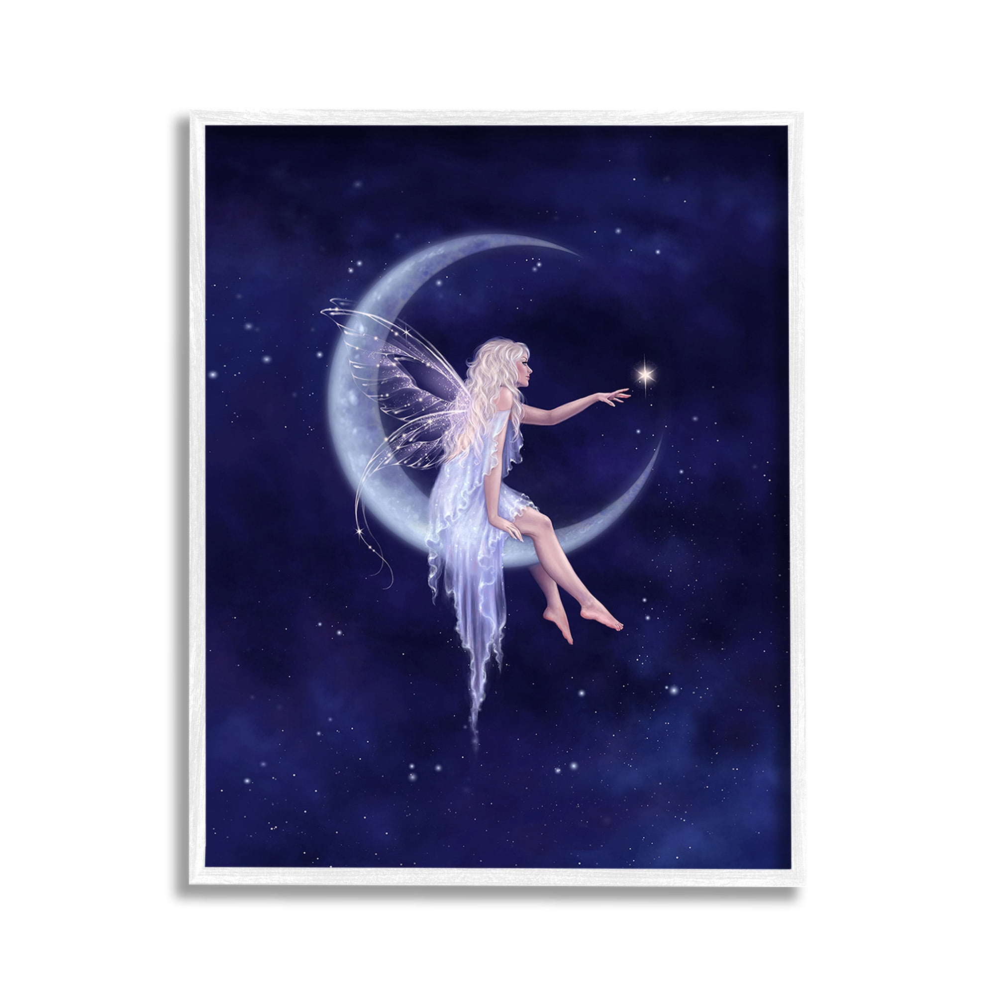 Stupell Industries Fairy & Crescent Moon Fairy Tales & Fantasy Painting White Framed Art Print Wall Art, 11 x 14