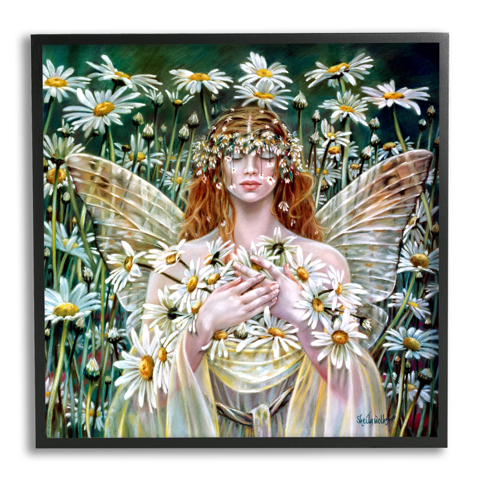 Stupell Industries Fairy Girl Floral Daisy Field Fairy Tales & Fantasy Painting Black Framed Art Print Wall Art