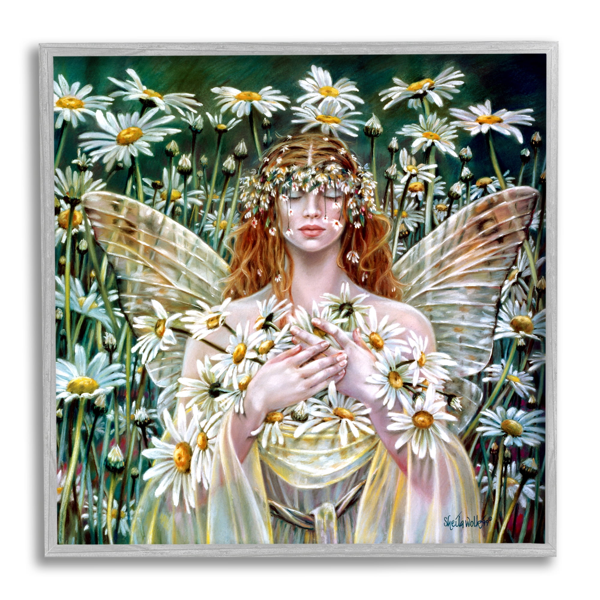 Stupell Industries Fairy Girl Floral Daisy Field Fairy Tales & Fantasy Painting Gray Framed Art Print Wall Art