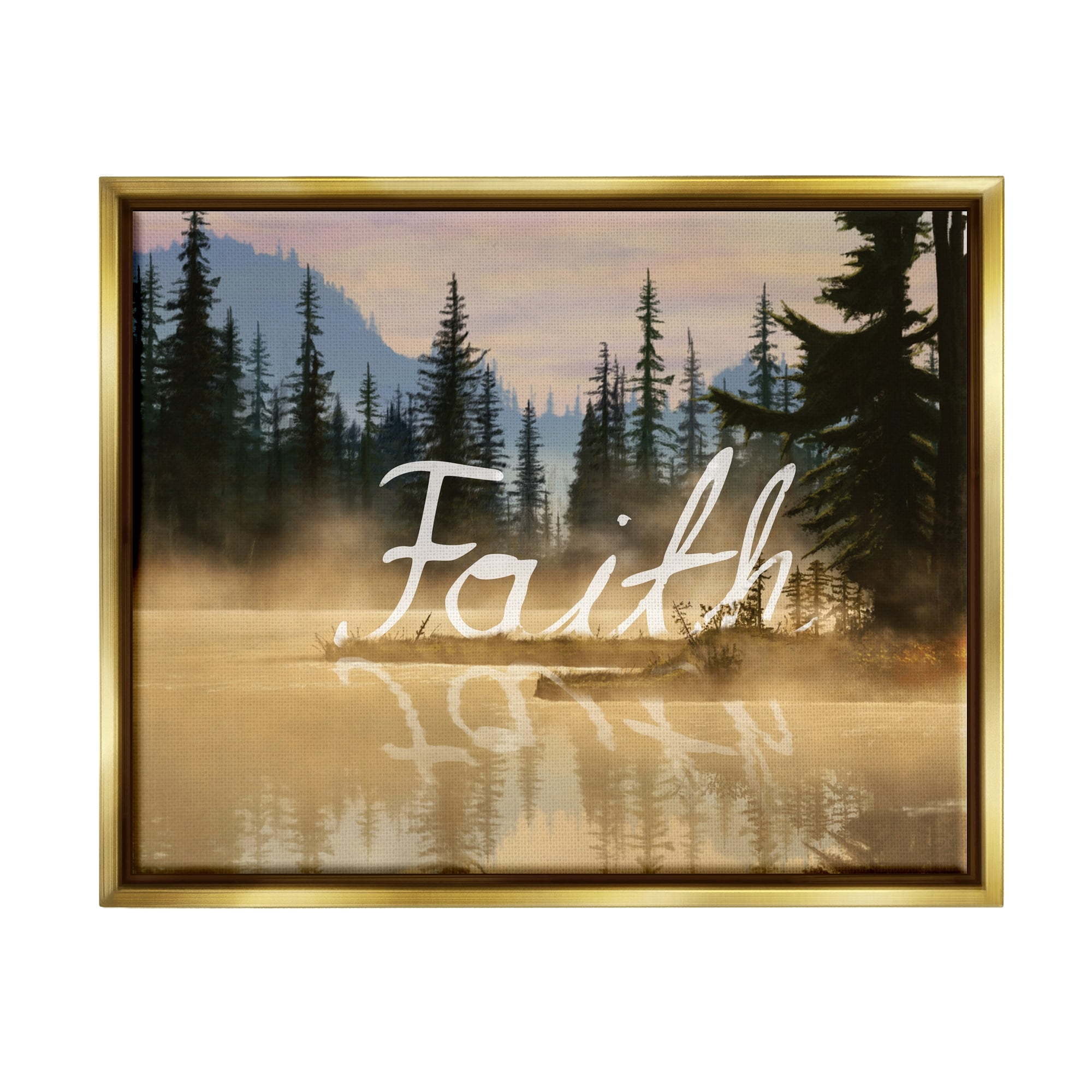 Stupell Industries Faith Calligraphy Floating Lake Water Woodland Scenery Graphic Art Metallic Gold Floating Framed Canvas Print Wall Art, Design by Nobleworks