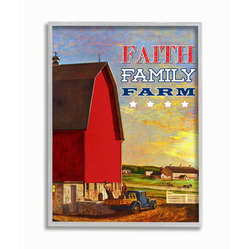 Stupell Industries Faith Family Farm American Farm Rustic Word Design Graphic Art Gray Framed Art Print Wall Art, 11x14, by The Saturday Evening Post