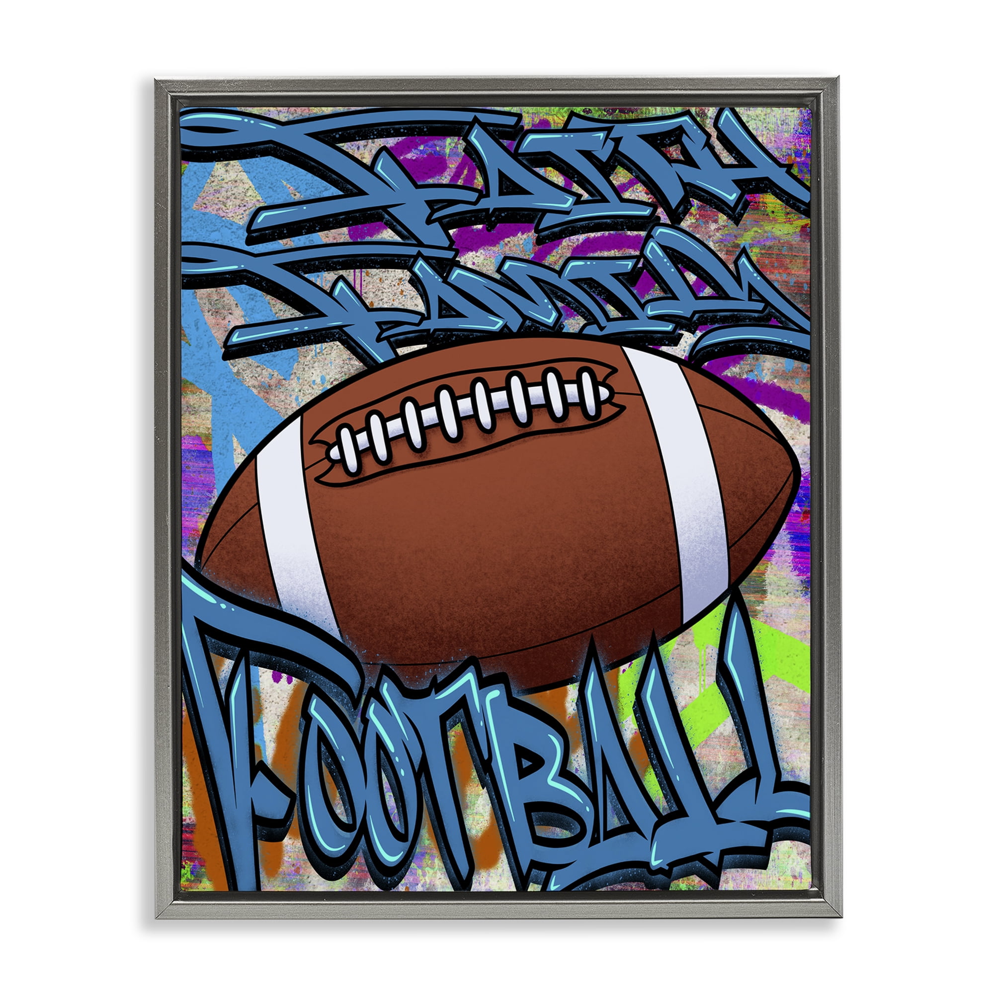 Stupell Industries Faith Family Football Graffiti Gray Framed Floater Canvas Wall Art, design by Marcus Prime