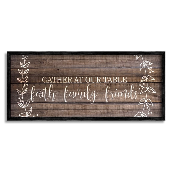Stupell Industries Faith Family Friends Quote Wood Pattern Rustic Phrase Graphic Art Black Framed Art Print Wall Art, 10x24, by Kimberly Allen