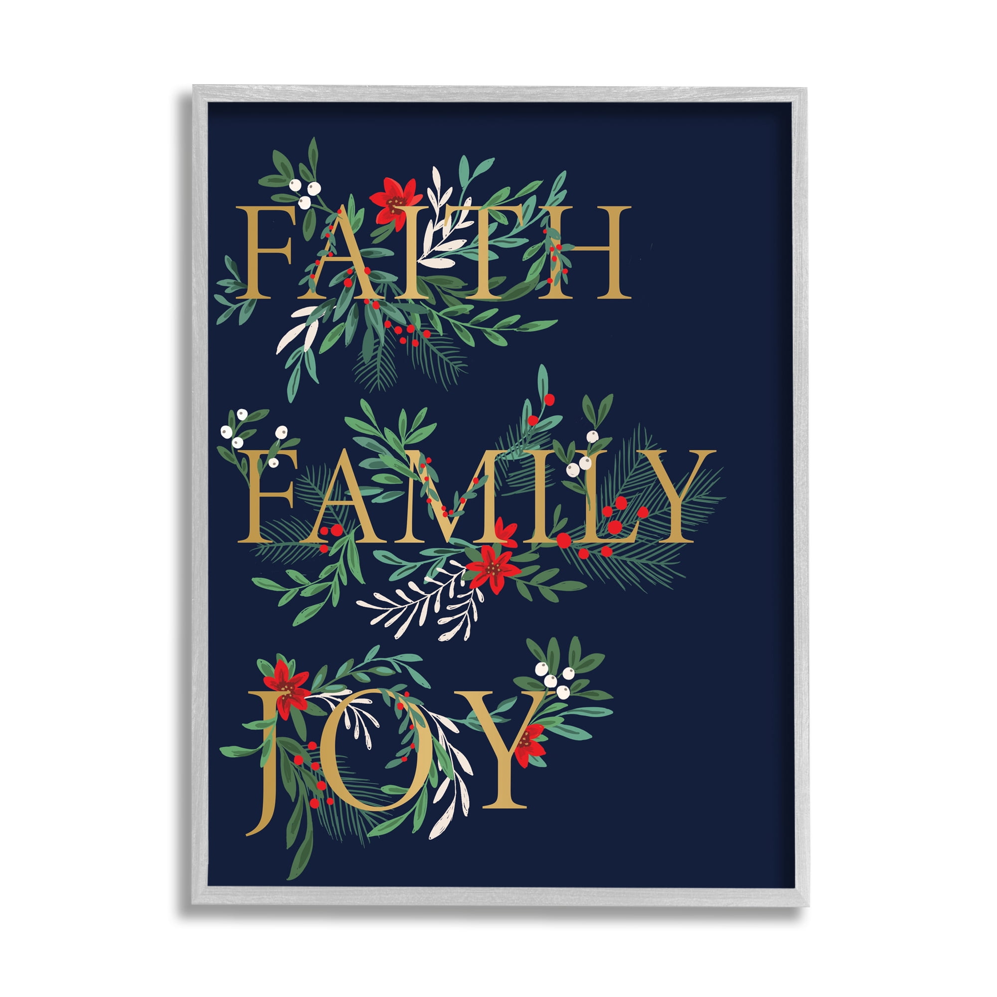 Stupell Industries Faith Family Joy Text Traditional Festive Holiday Typography Botanical & Floral Painting Gray Framed Art Print Wall Art, 16 x 20
