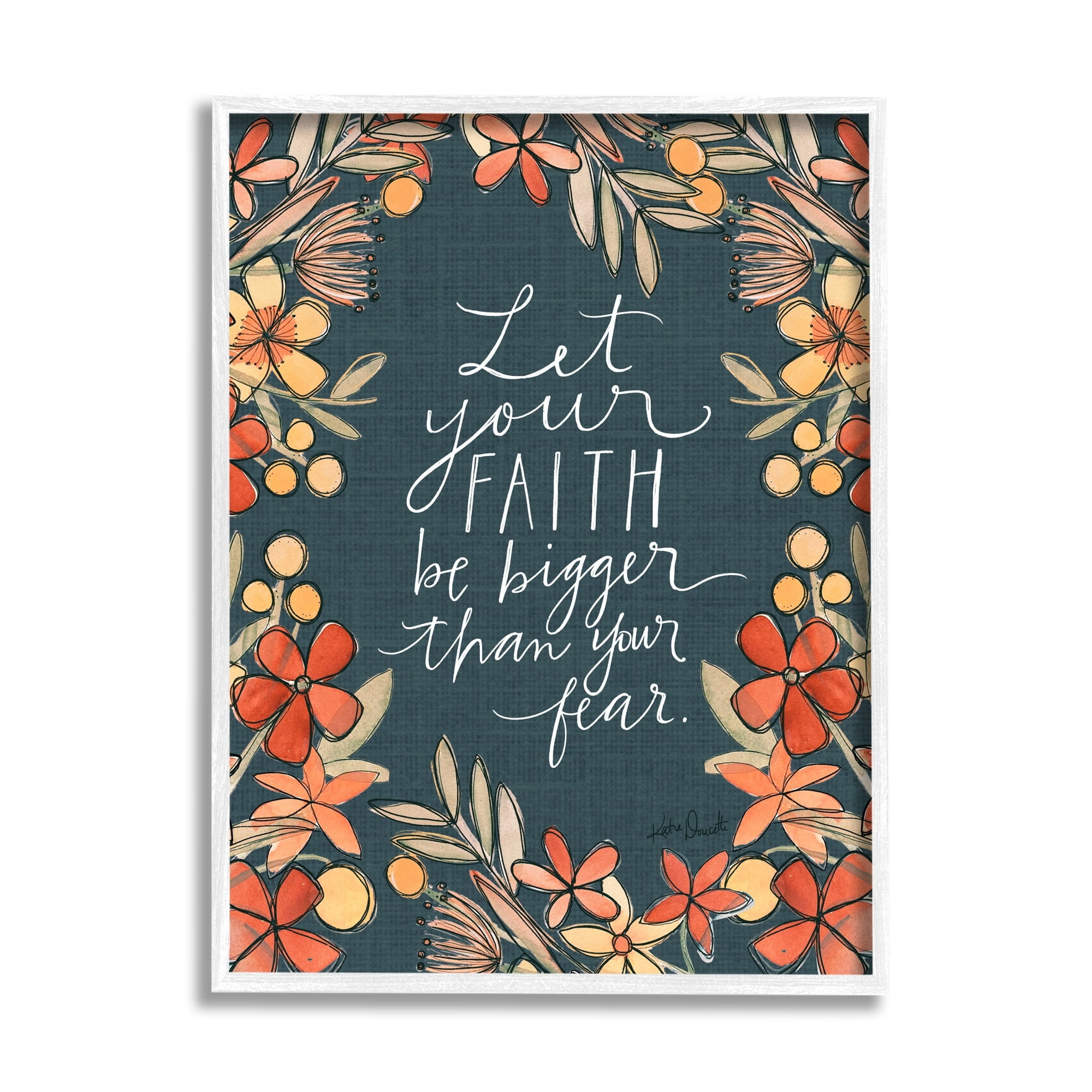 Stupell Industries Faith Over Fear Religious Calligraphy Patterned Floral Border Graphic Art White Framed Art Print Wall Art, Design by Katie Doucette