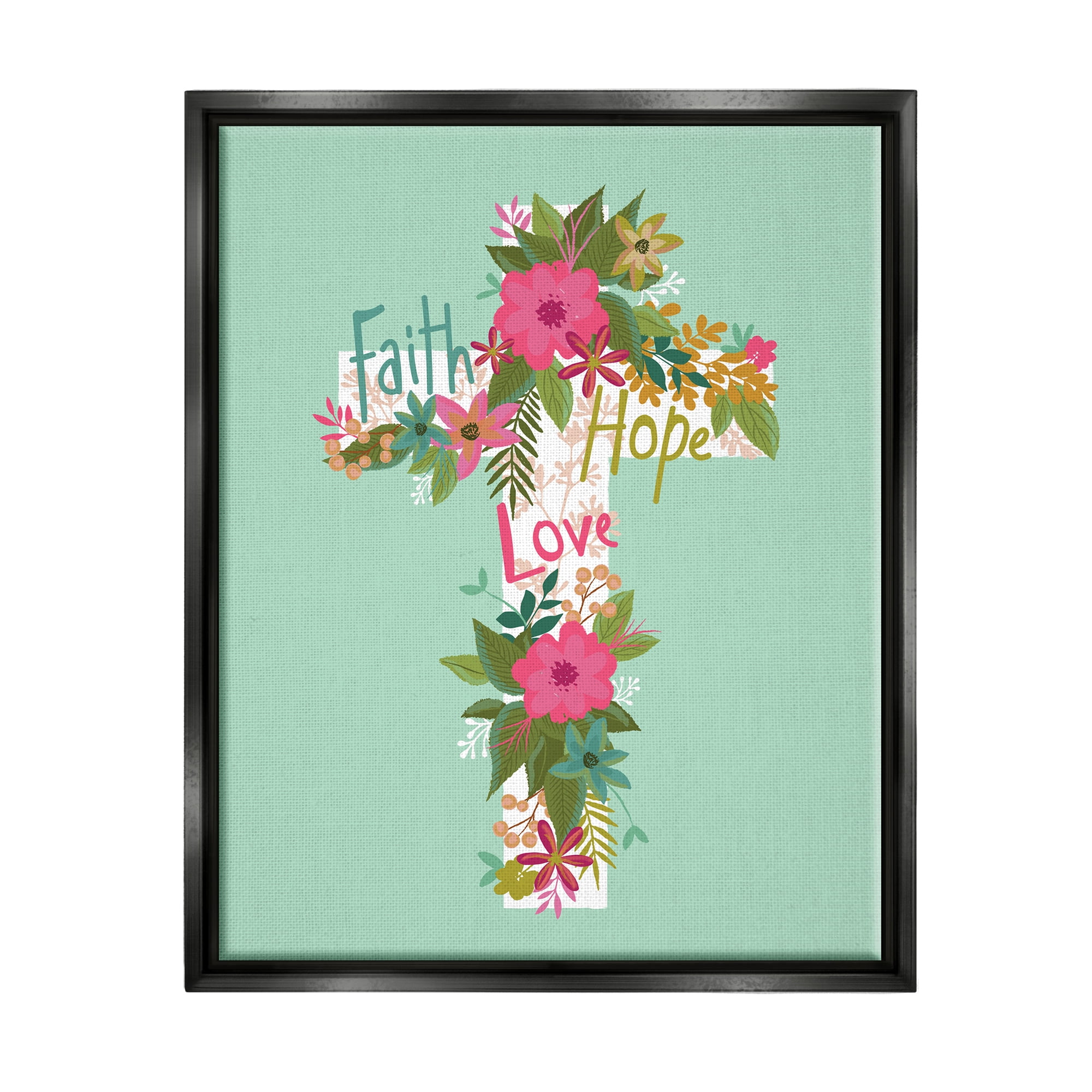 Stupell Industries Faith Hope Love Floral Cross Religious Painting Black Floater Framed Art Print Wall Art