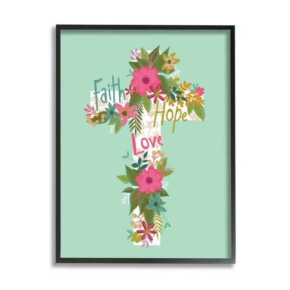 Stupell Industries Faith Hope Love Floral Cross Religious Painting Black Framed Art Print Wall Art