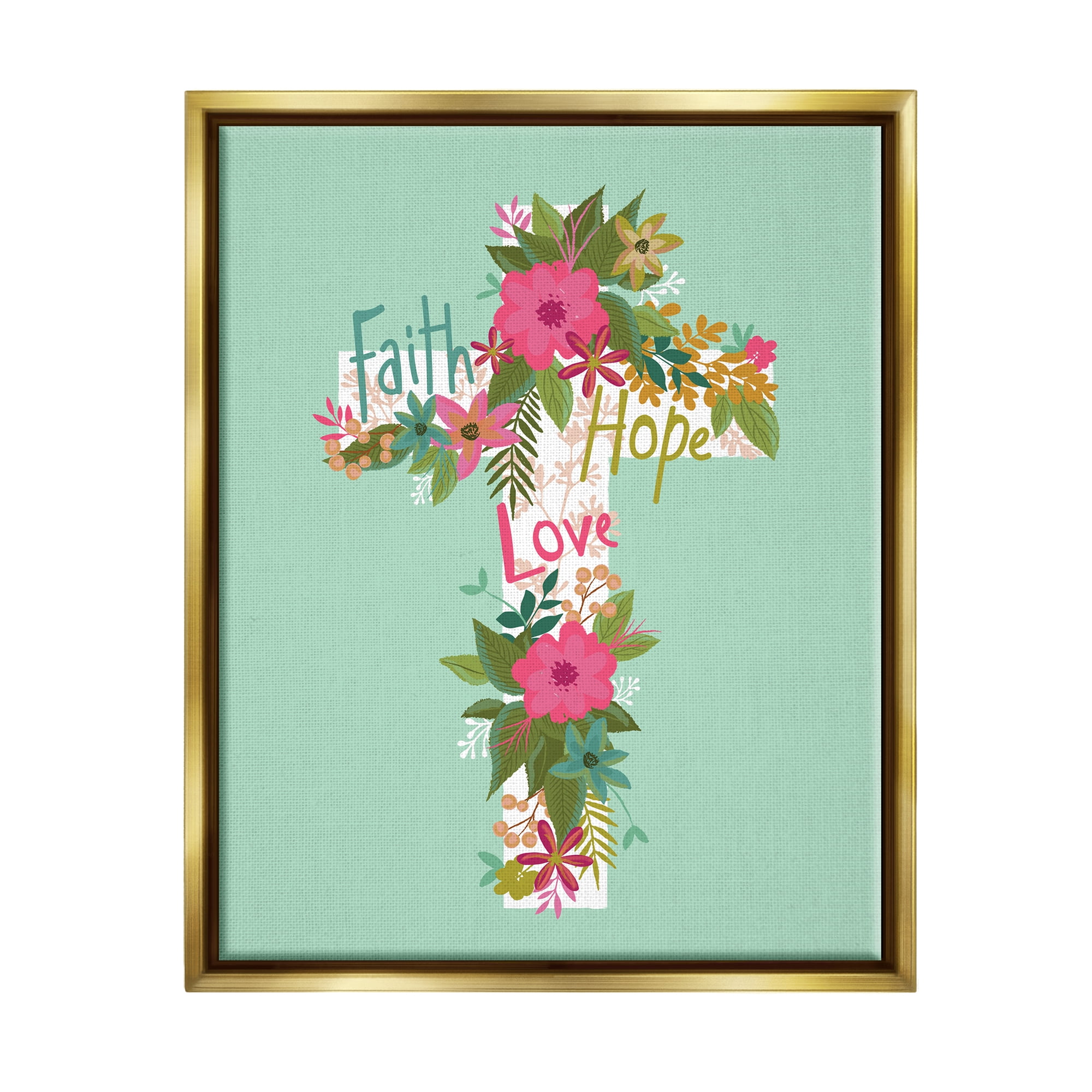 Stupell Industries Faith Hope Love Floral Cross Religious Painting Gold Floater Framed Art Print Wall Art
