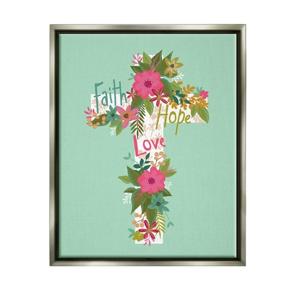Stupell Industries Faith Hope Love Floral Cross Religious Painting Gray Floater Framed Art Print Wall Art