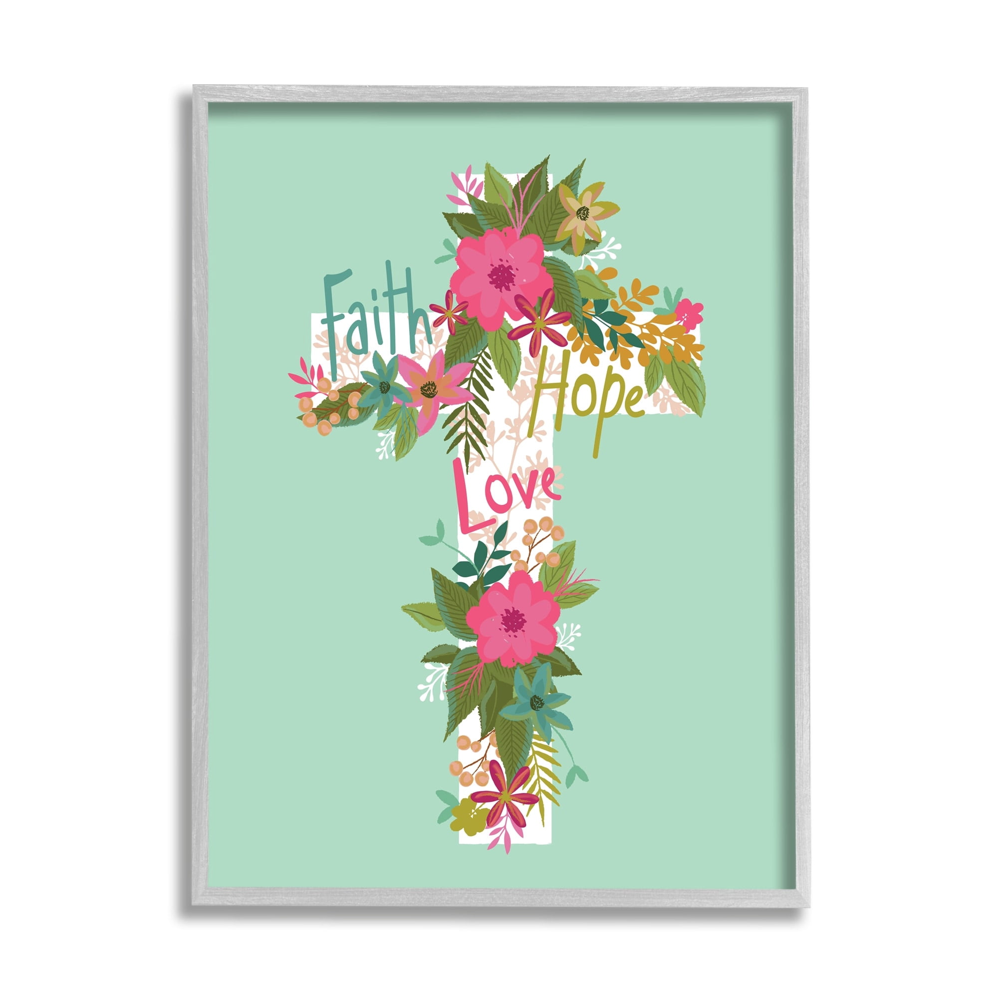 Stupell Industries Faith Hope Love Floral Cross Religious Painting Gray Framed Art Print Wall Art