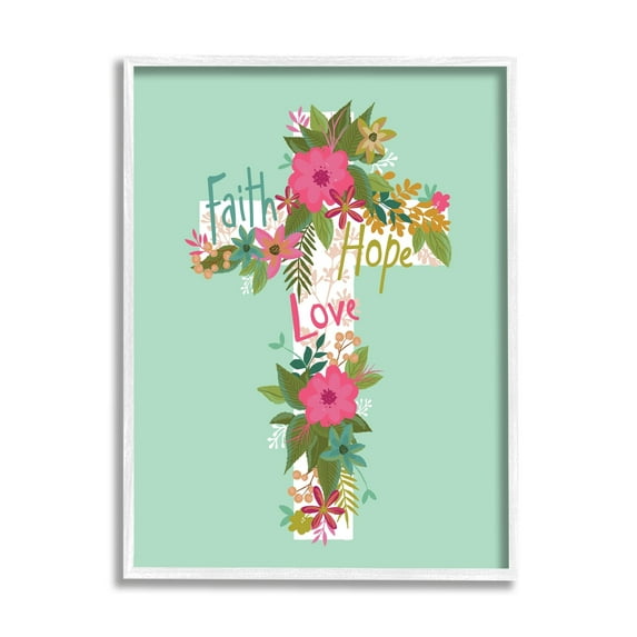Stupell Industries Faith Hope Love Floral Cross Religious Painting White Framed Art Print Wall Art