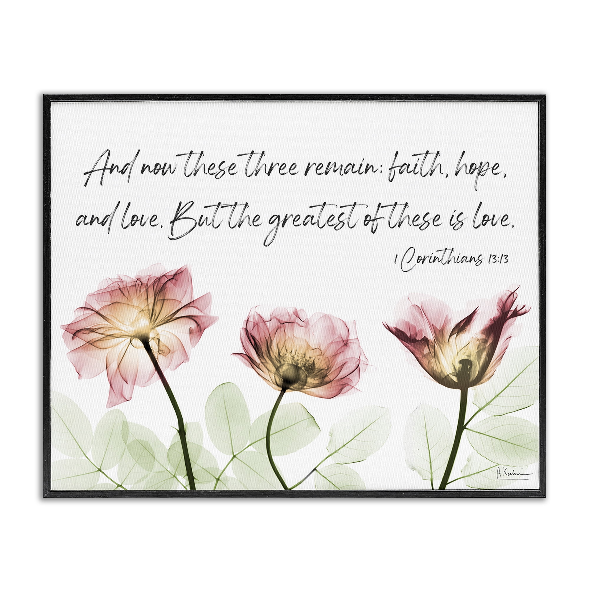 Stupell Industries Faith Hope Love Floral Religious Painting Black Framed Art Print Wall Art, 14 x 11