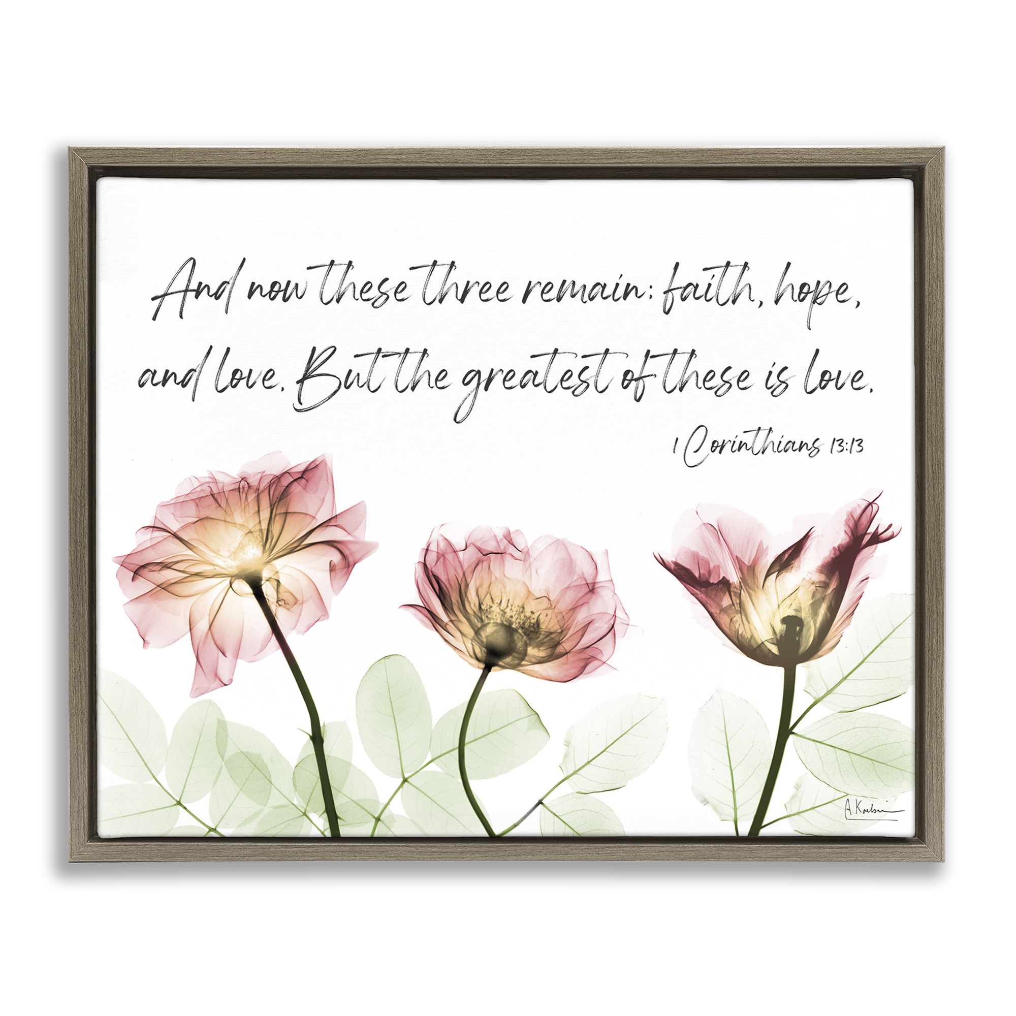 Stupell Industries Faith Hope Love Floral Religious Painting Brown Floater Framed Art Print Wall Art, 21 x 17