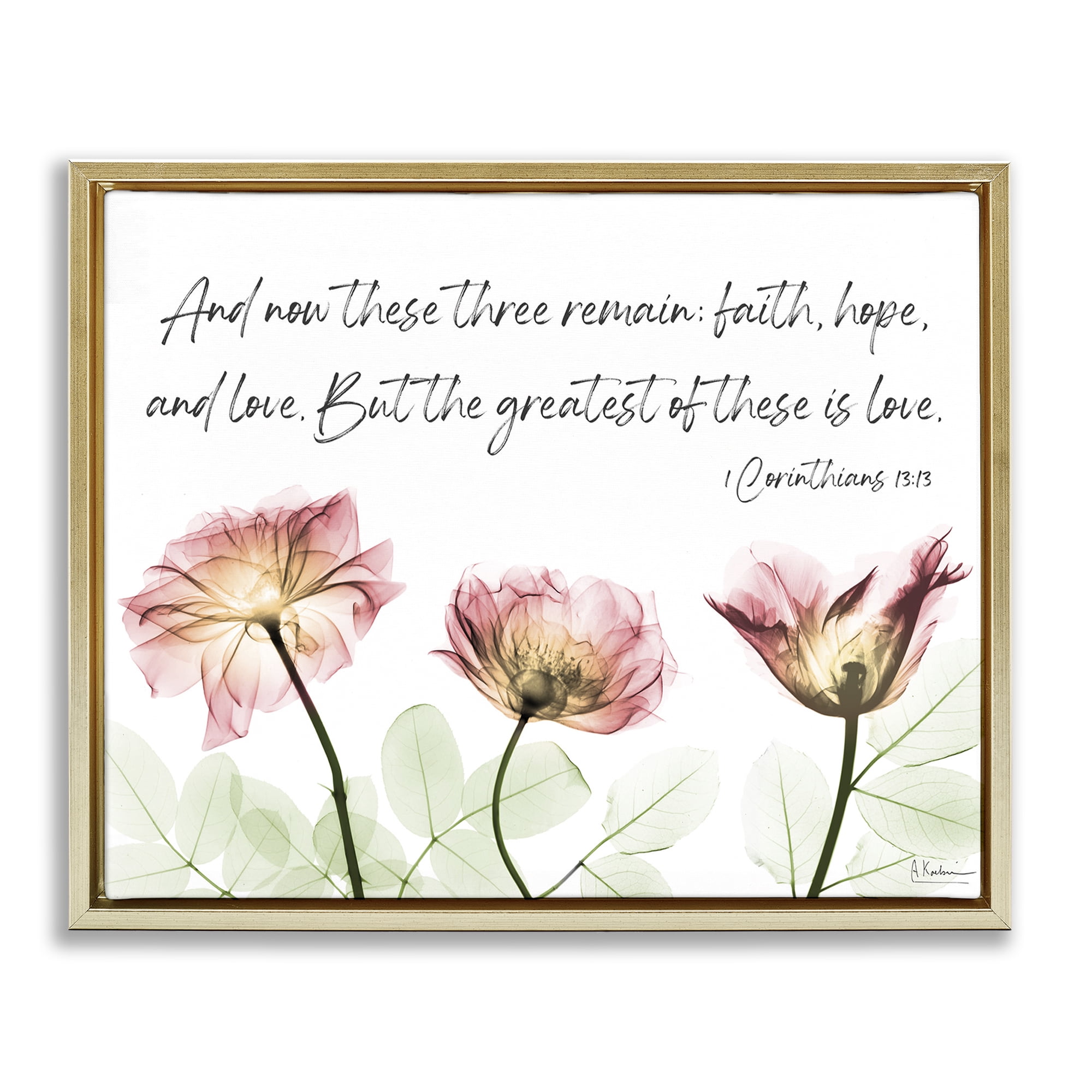 Stupell Industries Faith Hope Love Floral Religious Painting Gold Floater Framed Art Print Wall Art, 21 x 17