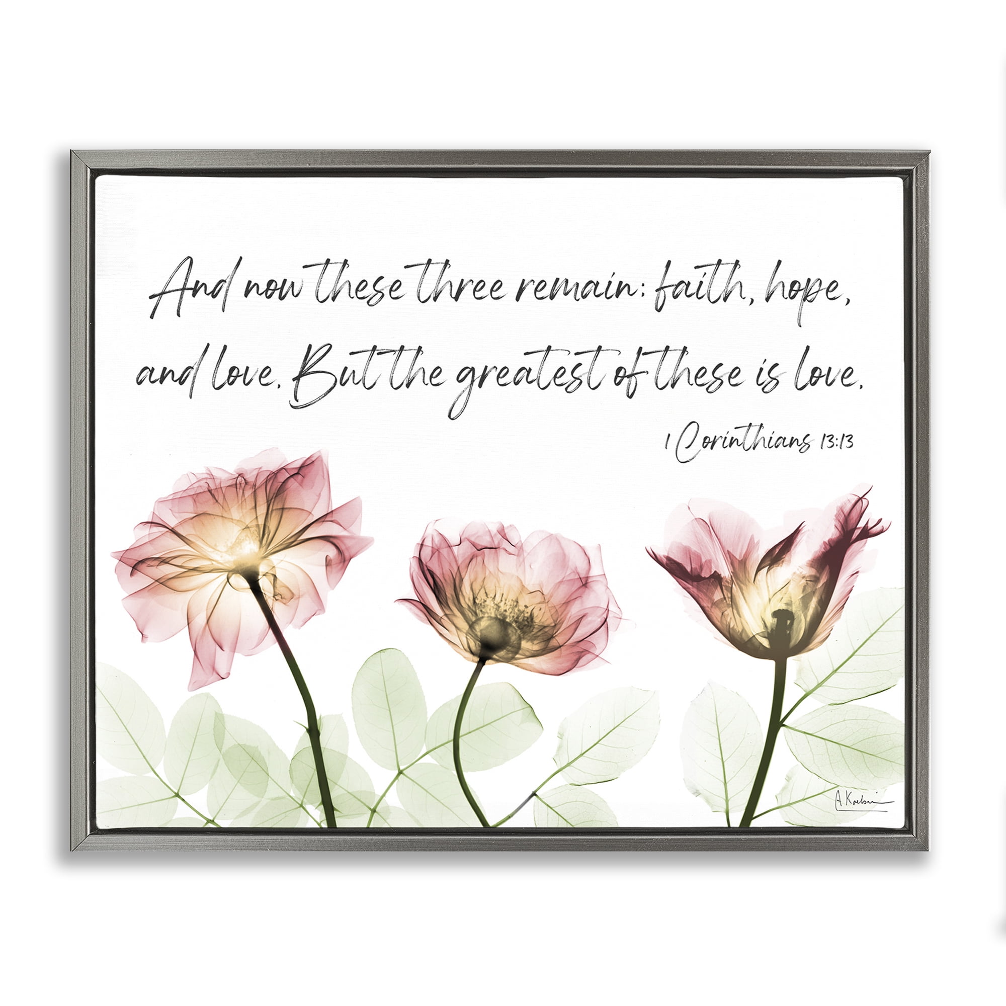Stupell Industries Faith Hope Love Floral Religious Painting Gray Floater Framed Art Print Wall Art, 31 x 25