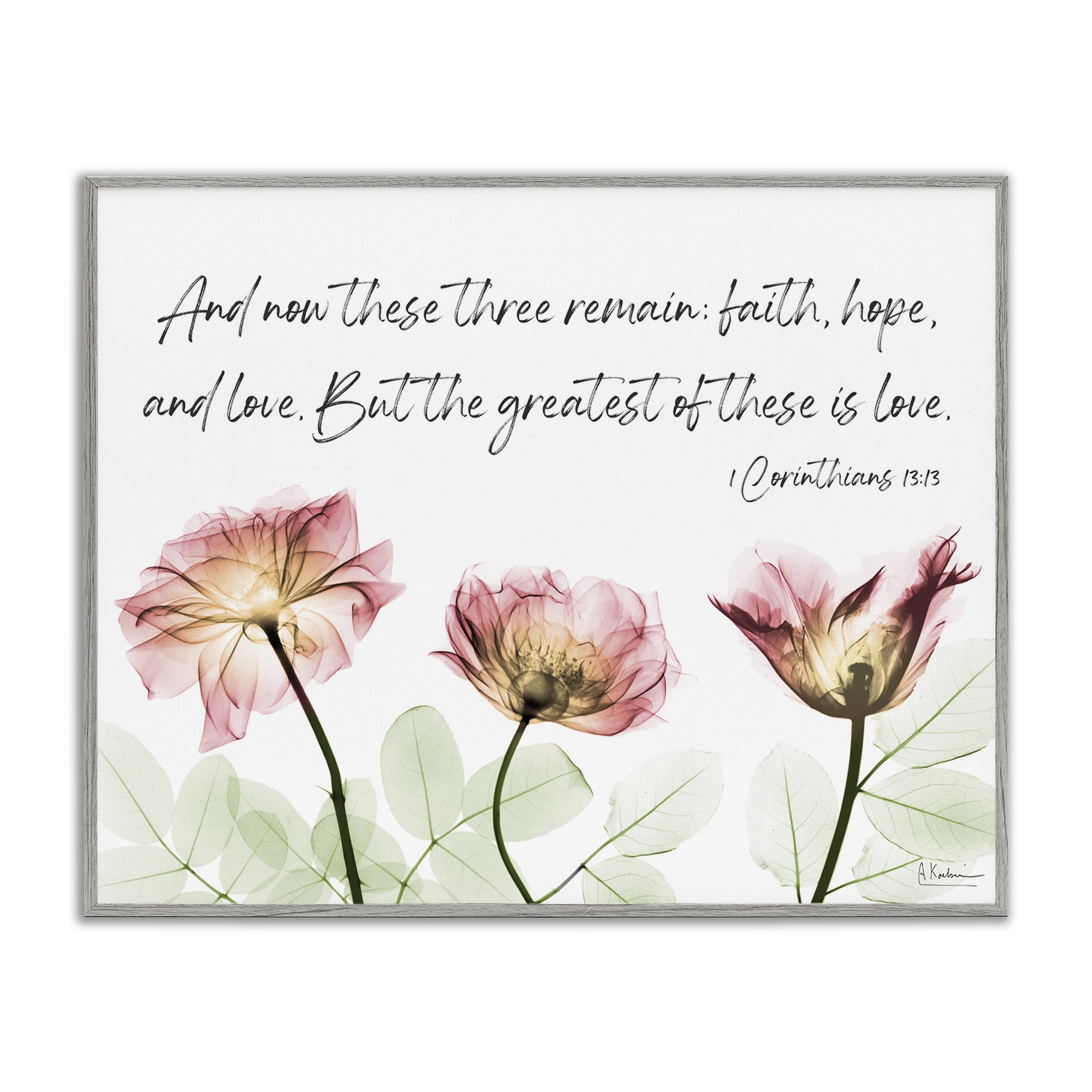 Stupell Industries Faith Hope Love Floral Religious Painting Gray Framed Art Print Wall Art, 30 x 24