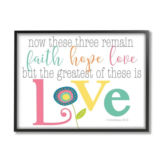 Stupell Industries Faith Hope Love Whimsical Floral Graphic Art Black Framed Art Print Wall Art, Design by Alli Rogosich
