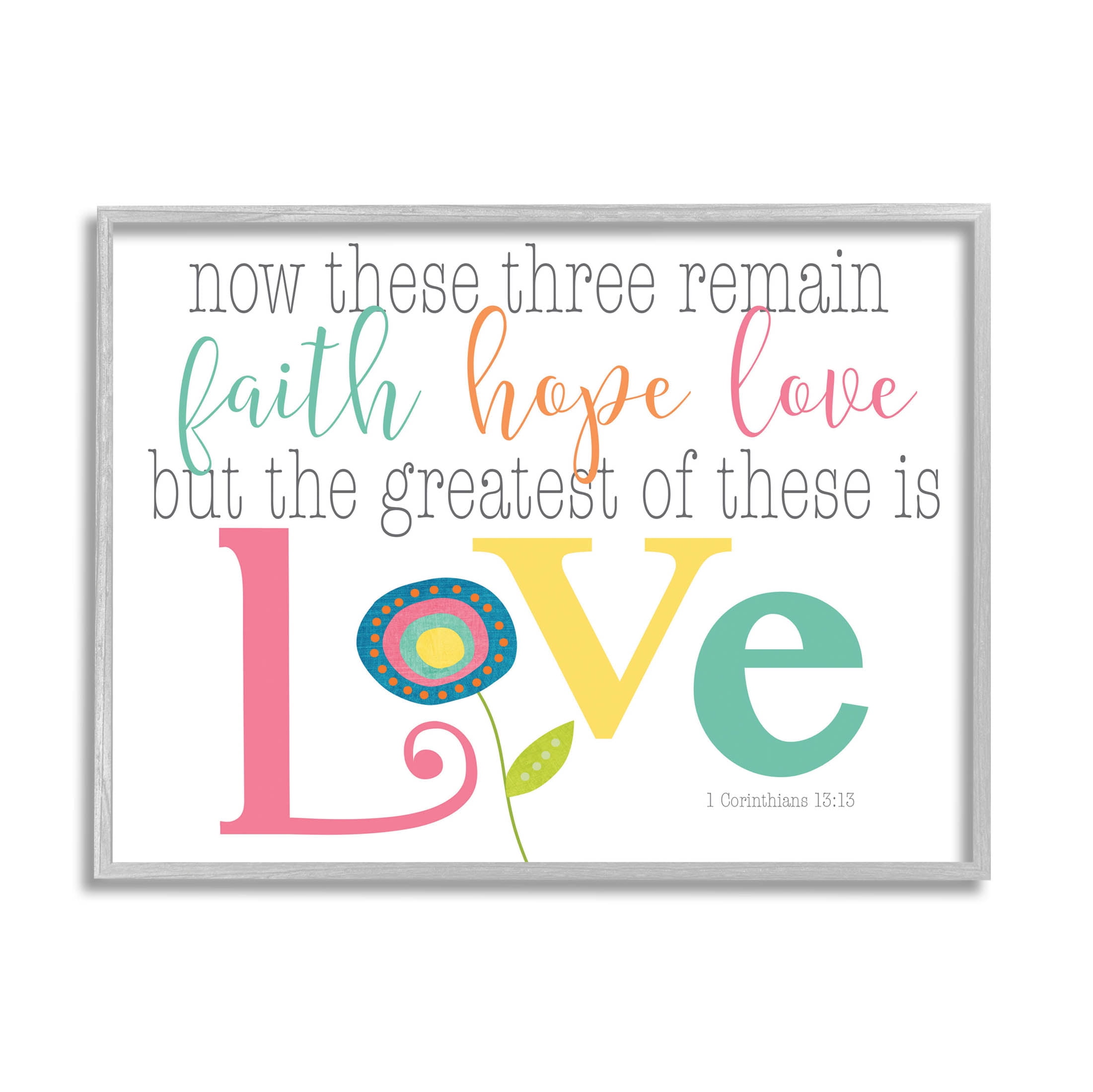 Stupell Industries Faith Hope Love Whimsical Floral Graphic Art Gray Framed Art Print Wall Art, Design by Alli Rogosich
