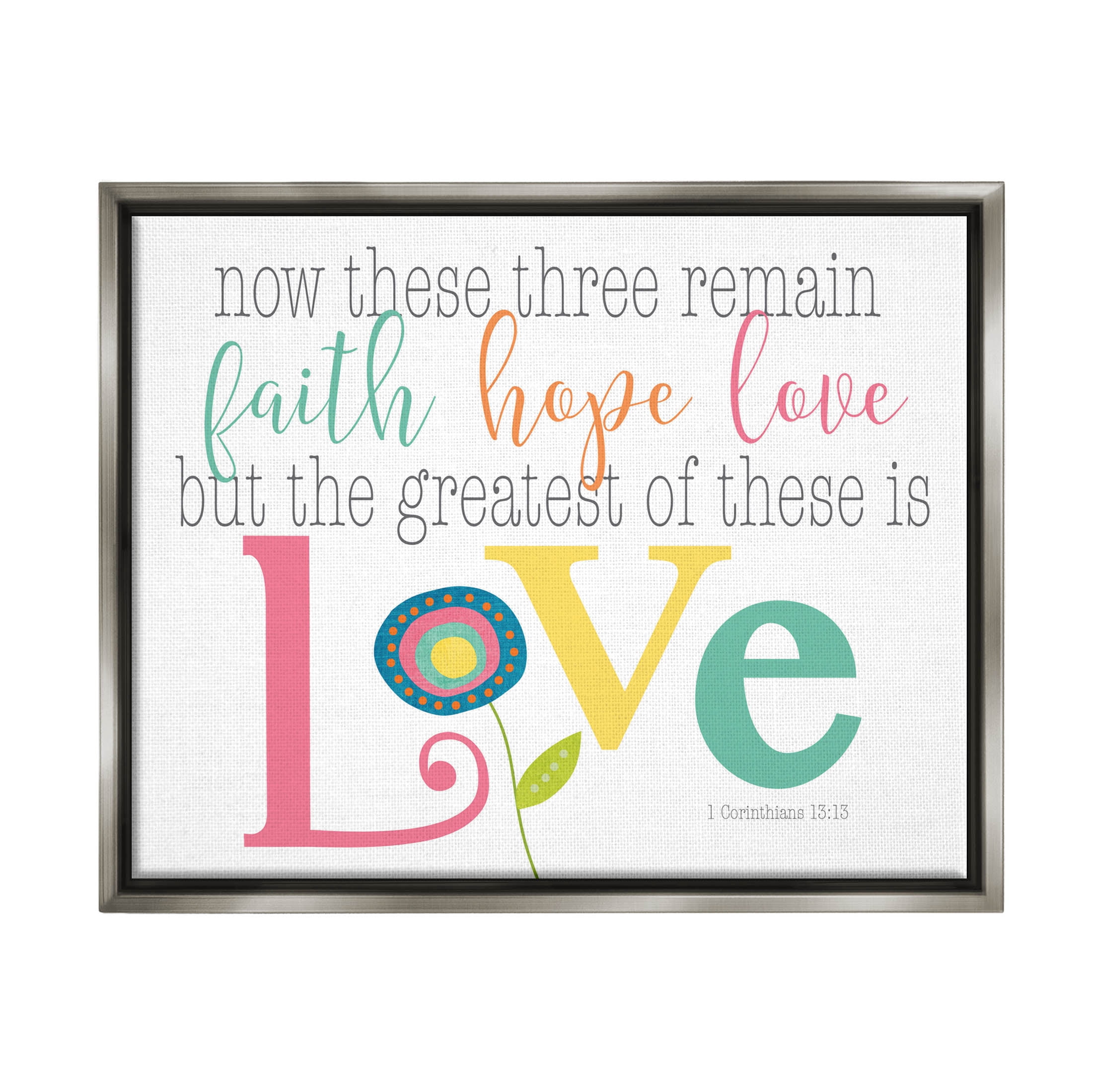 Stupell Industries Faith Hope Love Whimsical Floral Graphic Art Luster Gray Floating Framed Canvas Print Wall Art, Design by Alli Rogosich
