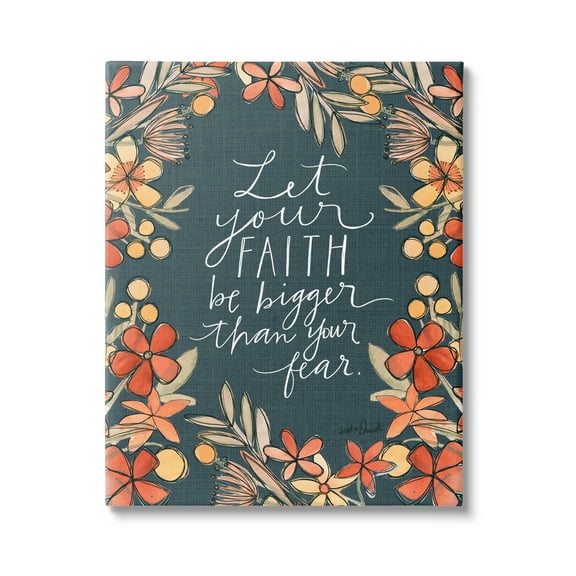 Stupell Industries Faith Over Fear Religious Calligraphy Patterned Floral Border Graphic Art Gallery Wrapped Canvas Print Wall Art, Design by Katie Doucette