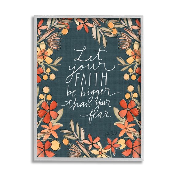 Stupell Industries Faith Over Fear Religious Calligraphy Patterned Floral Border Graphic Art Gray Framed Art Print Wall Art, Design by Katie Doucette