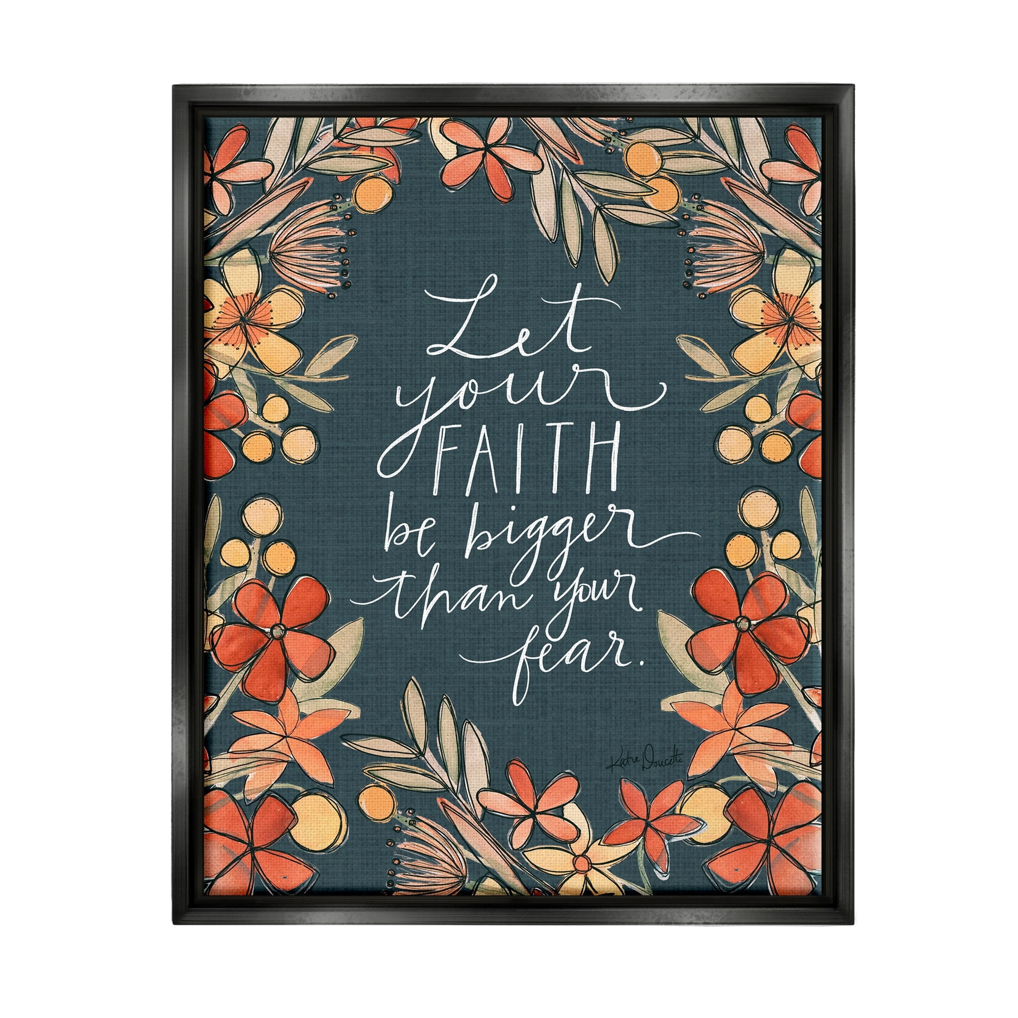 Stupell Industries Faith Over Fear Religious Calligraphy Patterned Floral Border Graphic Art Jet Black Floating Framed Canvas Print Wall Art, Design by Katie Doucette