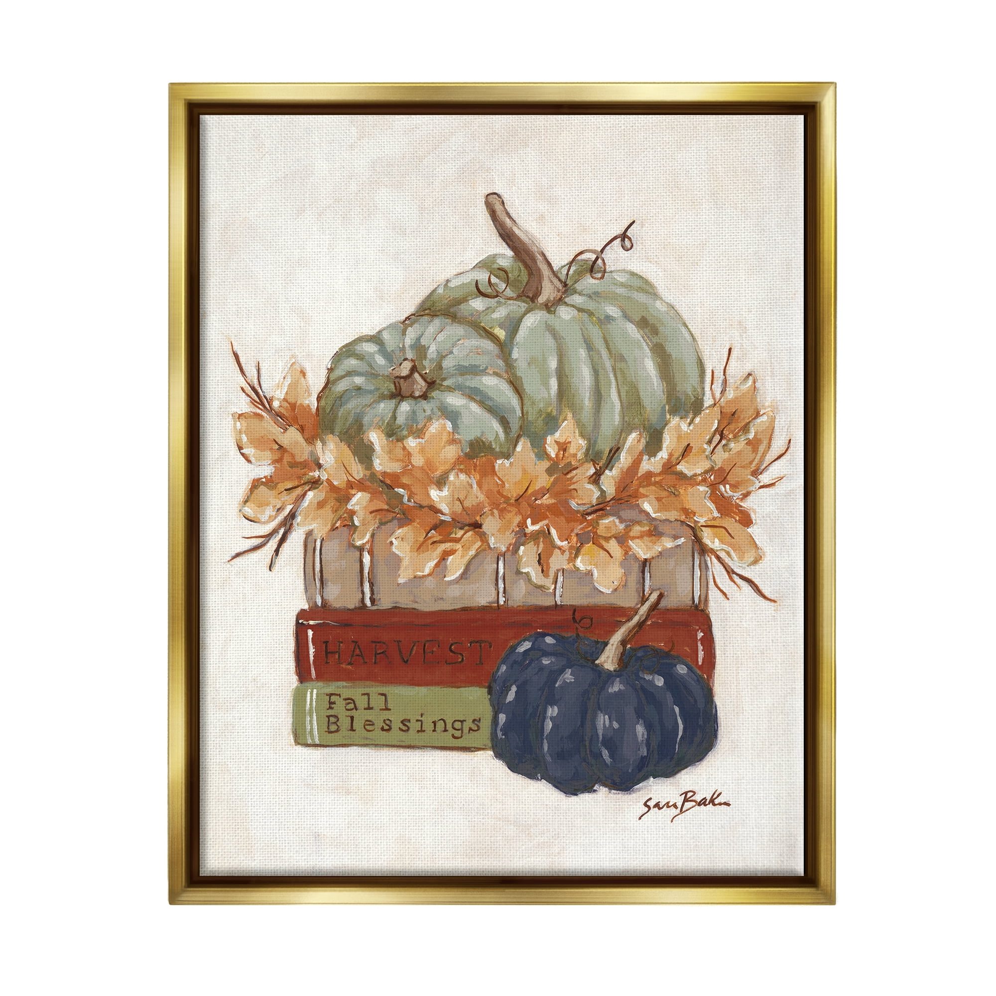 Stupell Industries Fall Blessings Pumpkins Botanical & Floral Painting Gold Floater Framed Art Print Wall Art, 17 x 21