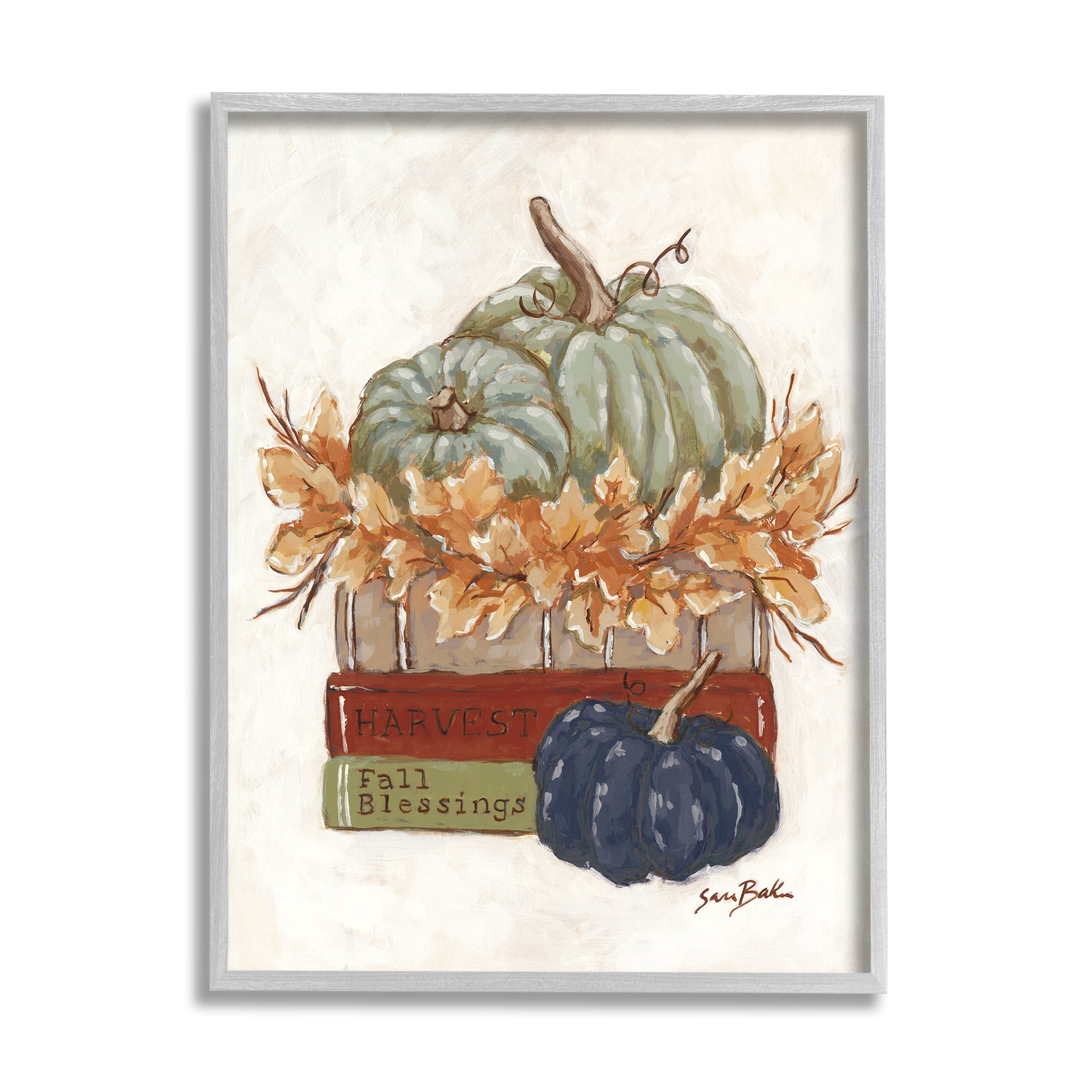 Stupell Industries Fall Blessings Pumpkins Botanical & Floral Painting Gray Framed Art Print Wall Art, 11 x 14
