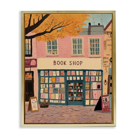 Stupell Industries Eclectic Fall Book Shop Facade Gold Floating Frame Canvas Art, 25 x 31, by The Prints Vibe