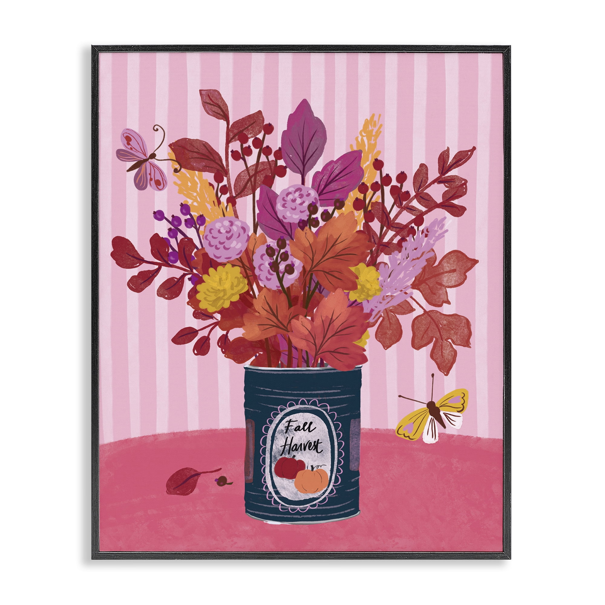 Stupell Industries Fall Bouquet on Stripes Plants & Flowers Painting Black Framed Art Print Wall Art, 11 x 14