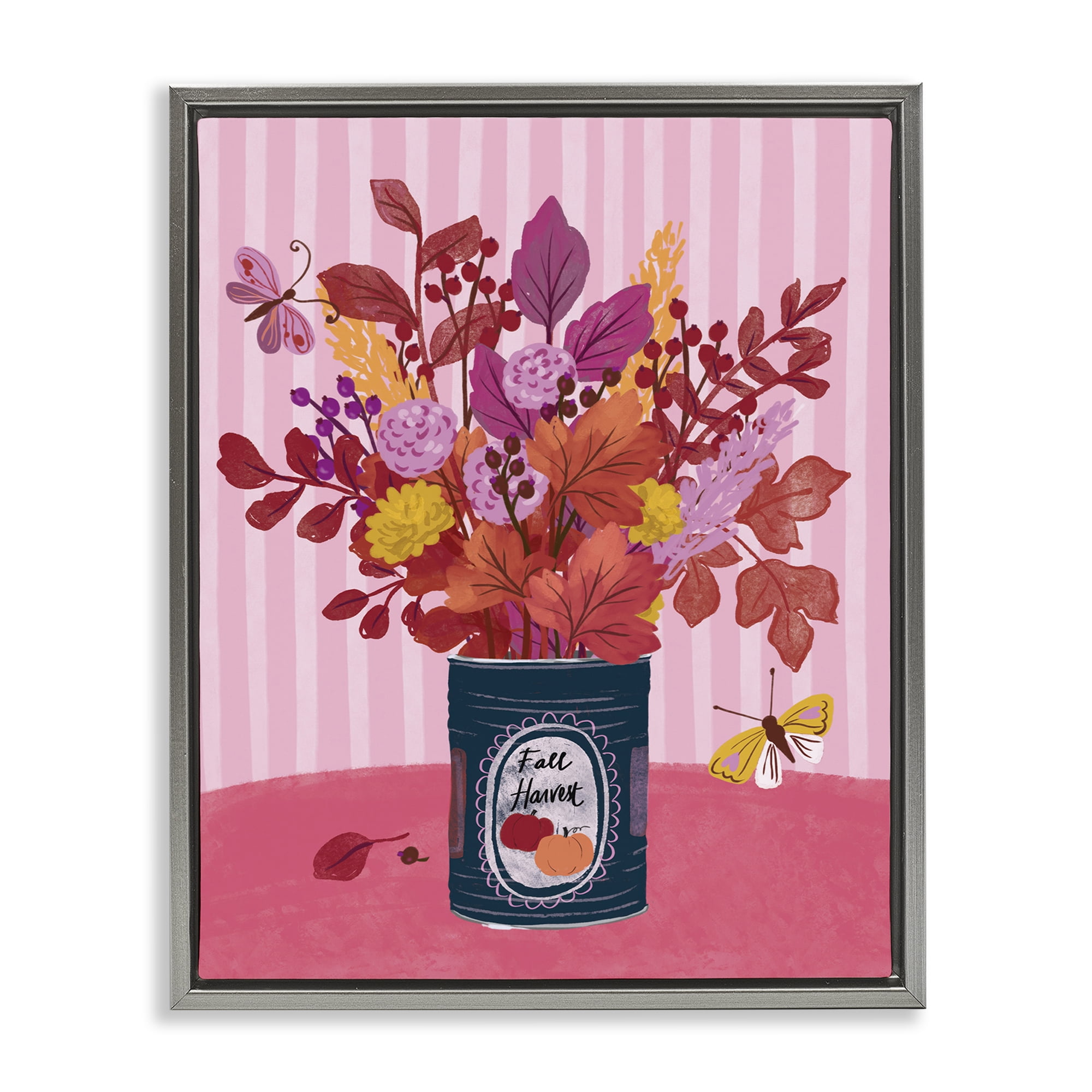 Stupell Industries Fall Bouquet on Stripes Plants & Flowers Painting Gray Floater Framed Canvas Art Print Wall Art, 17 x 21