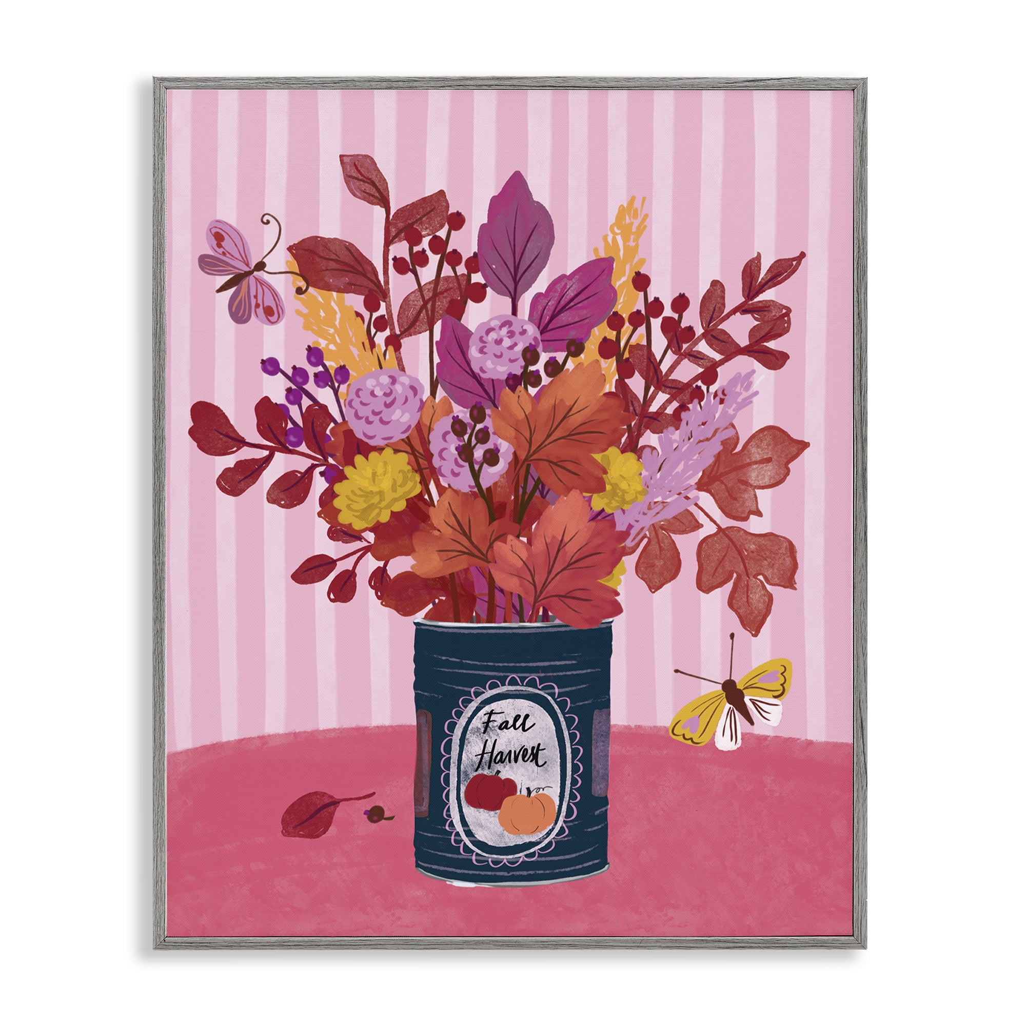 Stupell Industries Fall Bouquet on Stripes Plants & Flowers Painting Gray Framed Art Print Wall Art, 11 x 14