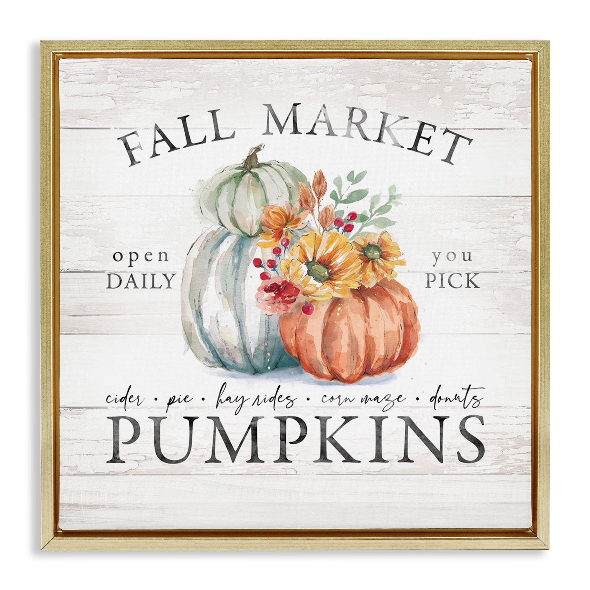 Stupell Industries Fall Country Market Pumpkins Botanical & Floral Painting Gold Floater Framed Canvas Art Print Wall Art, 18 x 18
