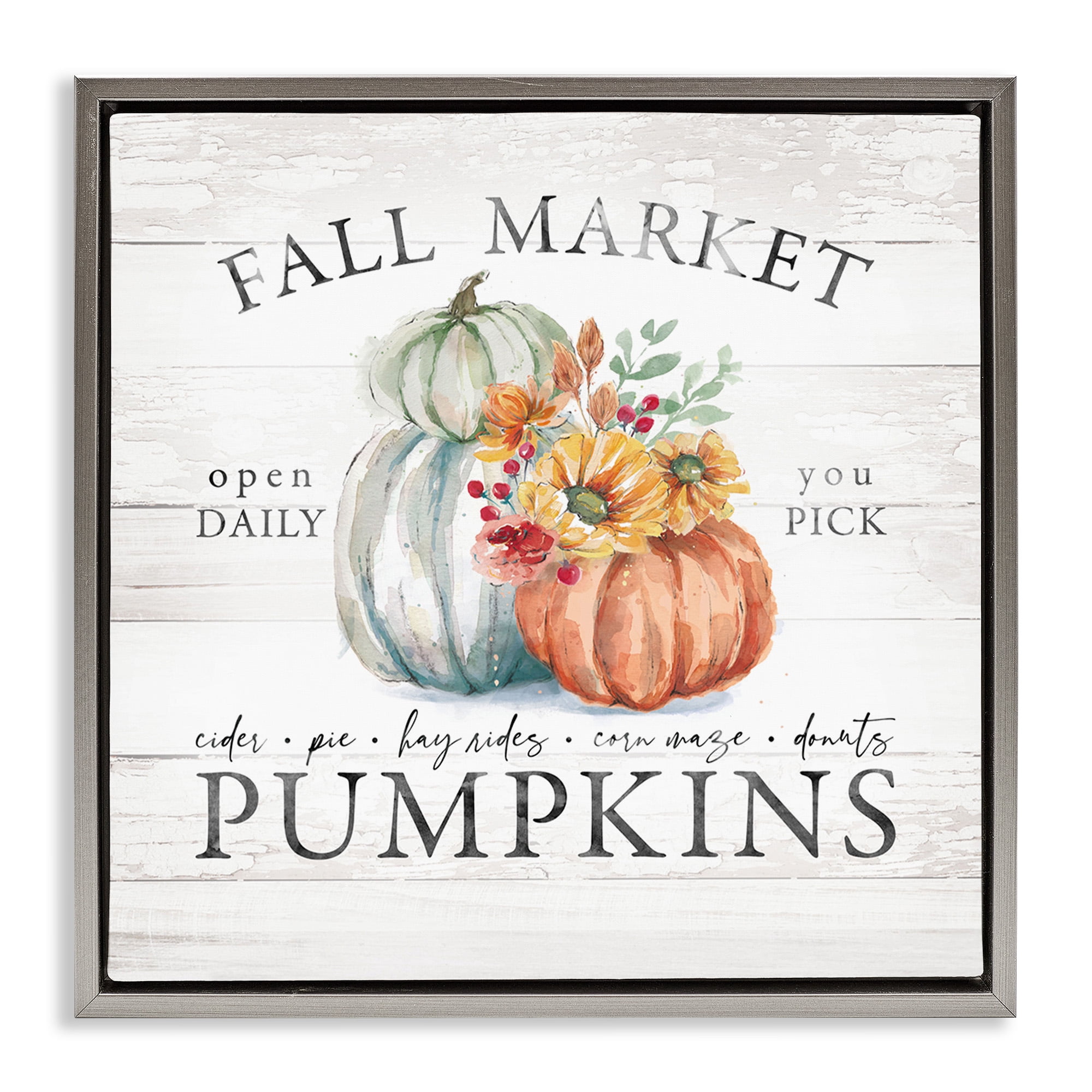 Stupell Industries Fall Country Market Pumpkins Botanical & Floral Painting Gray Floater Framed Canvas Art Print Wall Art, 18 x 18
